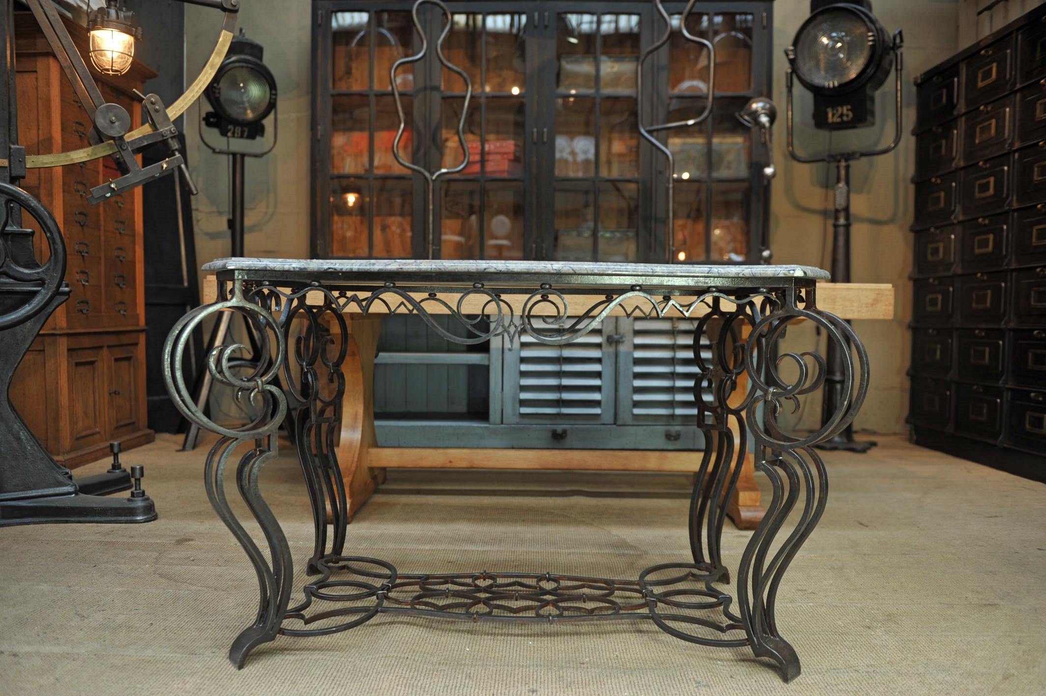 French Iron and Marble Top Louis 15 Style Console Table, circa 1940 For Sale 5