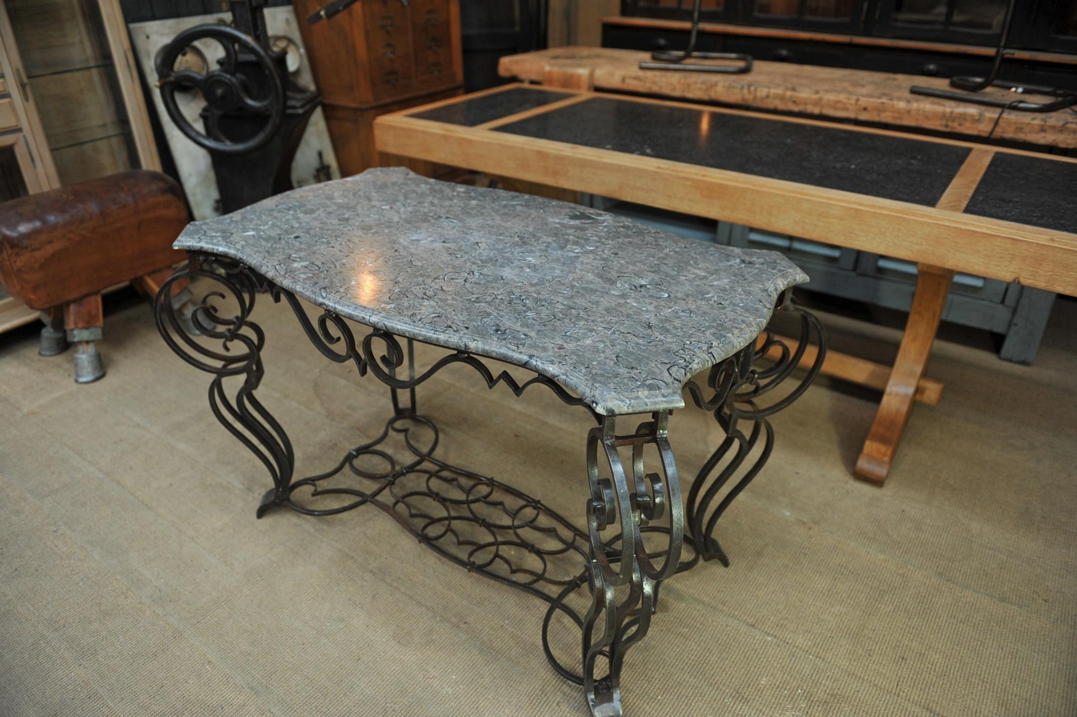 French iron and marble top Louis 15 Style console table, circa 1940.