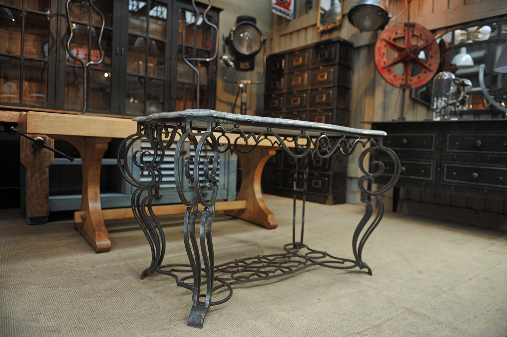 Art Deco French Iron and Marble Top Louis 15 Style Console Table, circa 1940 For Sale