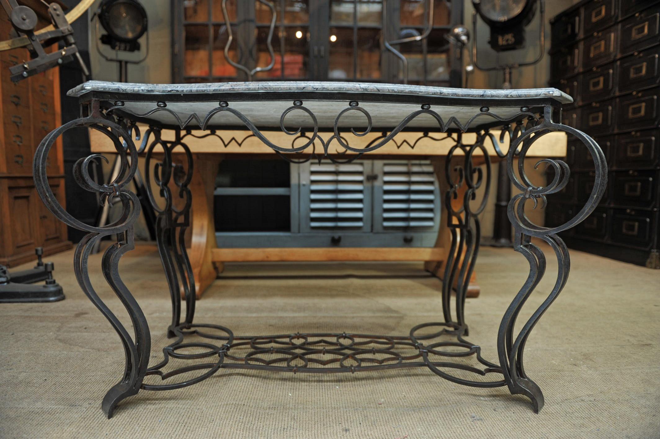 Mid-20th Century French Iron and Marble Top Louis 15 Style Console Table, circa 1940 For Sale