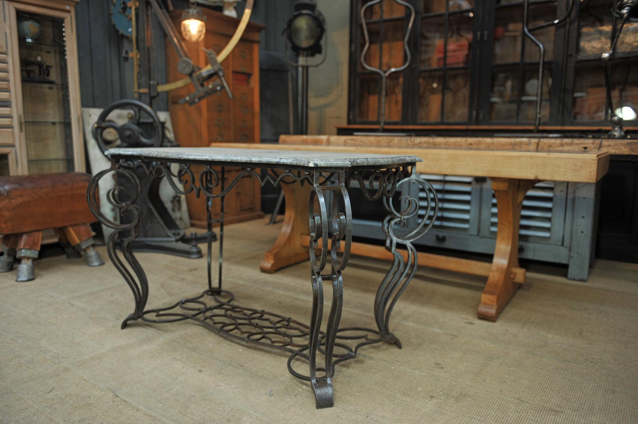 French Iron and Marble Top Louis 15 Style Console Table, circa 1940 For Sale 4