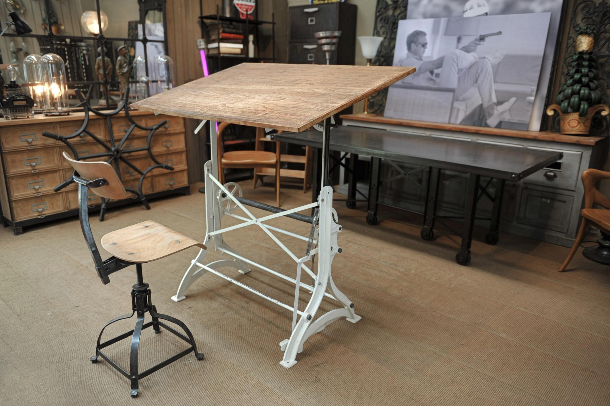 French Iron and Pine Top Adjustable Architect's Drafting Desk Table, 1900s 4