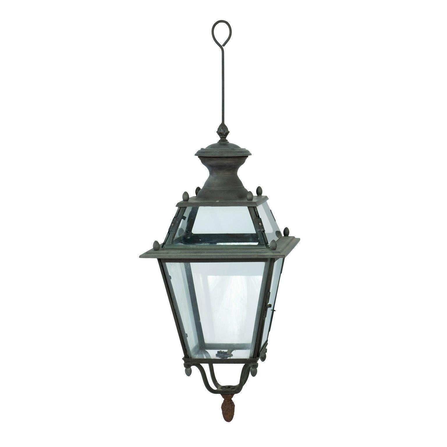 French Provincial French Iron and Tole Glass-Paneled Lantern For Sale