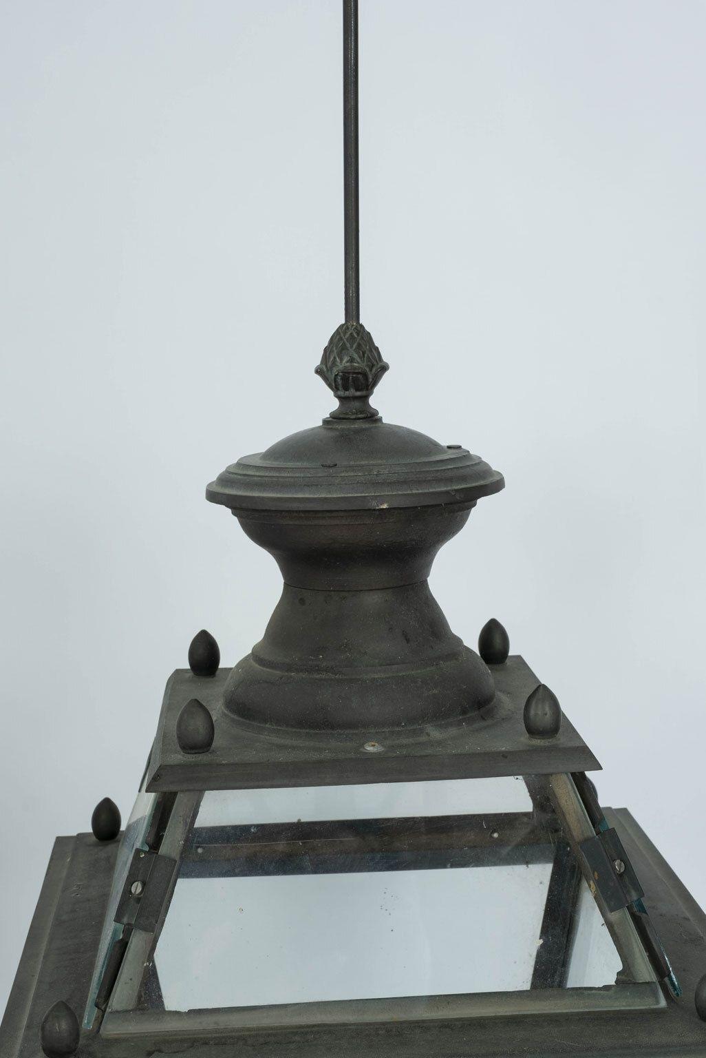 French Iron and Tole Glass-Paneled Lantern In Fair Condition For Sale In Houston, TX