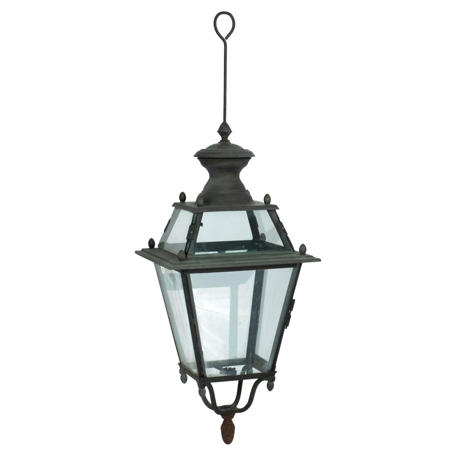 French Iron and Tole Glass-Paneled Lantern For Sale