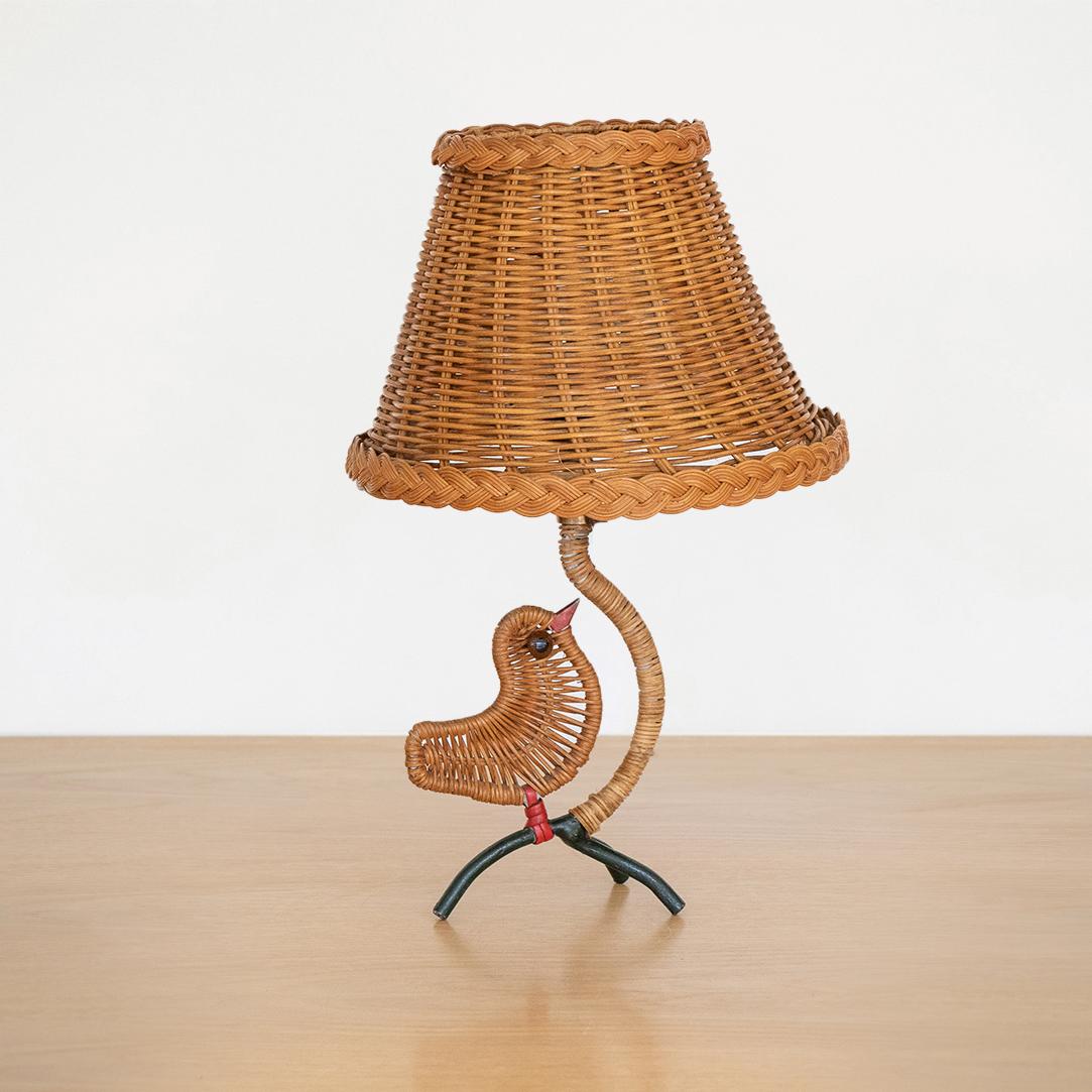 20th Century French Iron and Wicker Bird Lamp