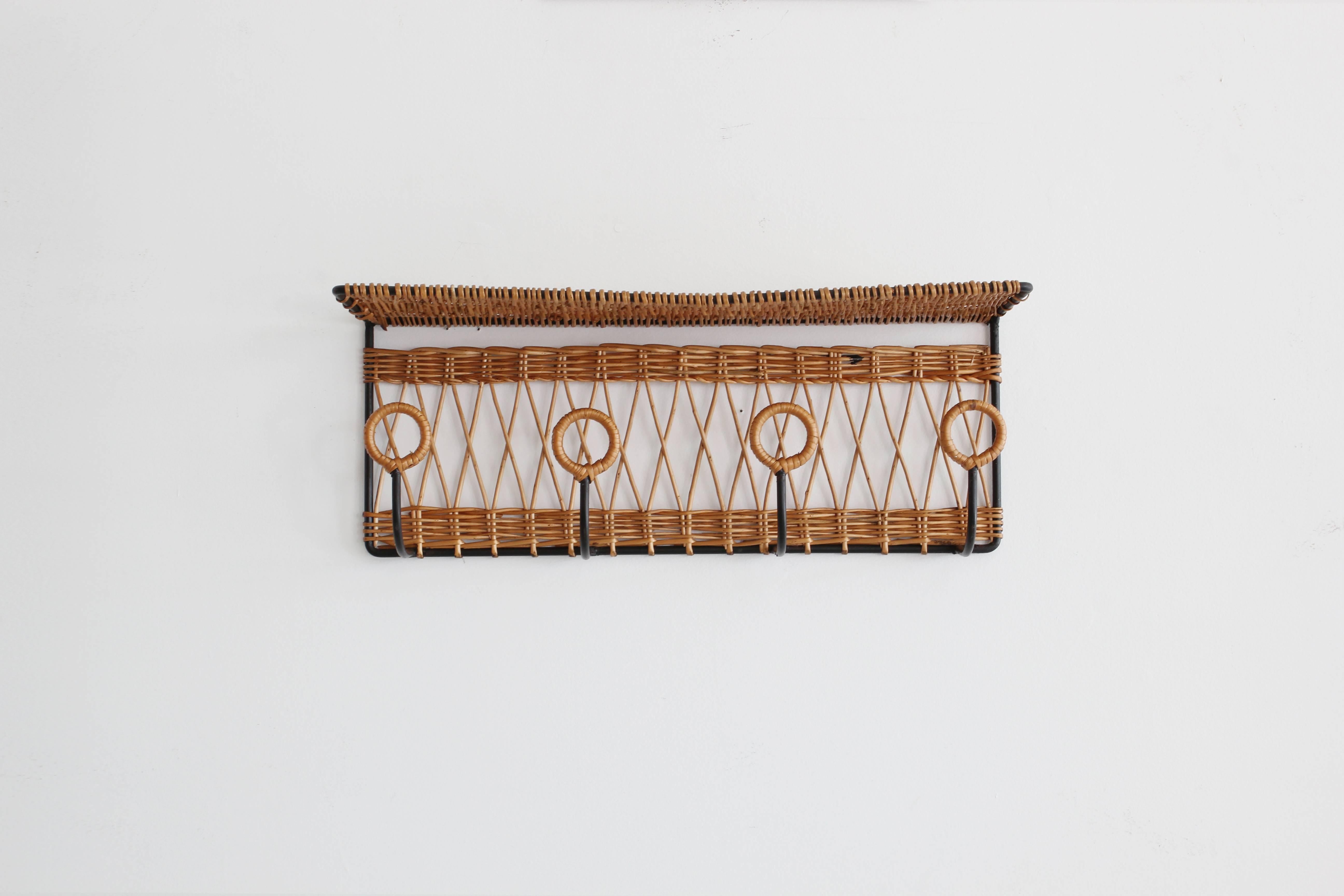 Mid-Century Modern French Iron and Wicker Train Shelf Attributed to Jacques Adnet