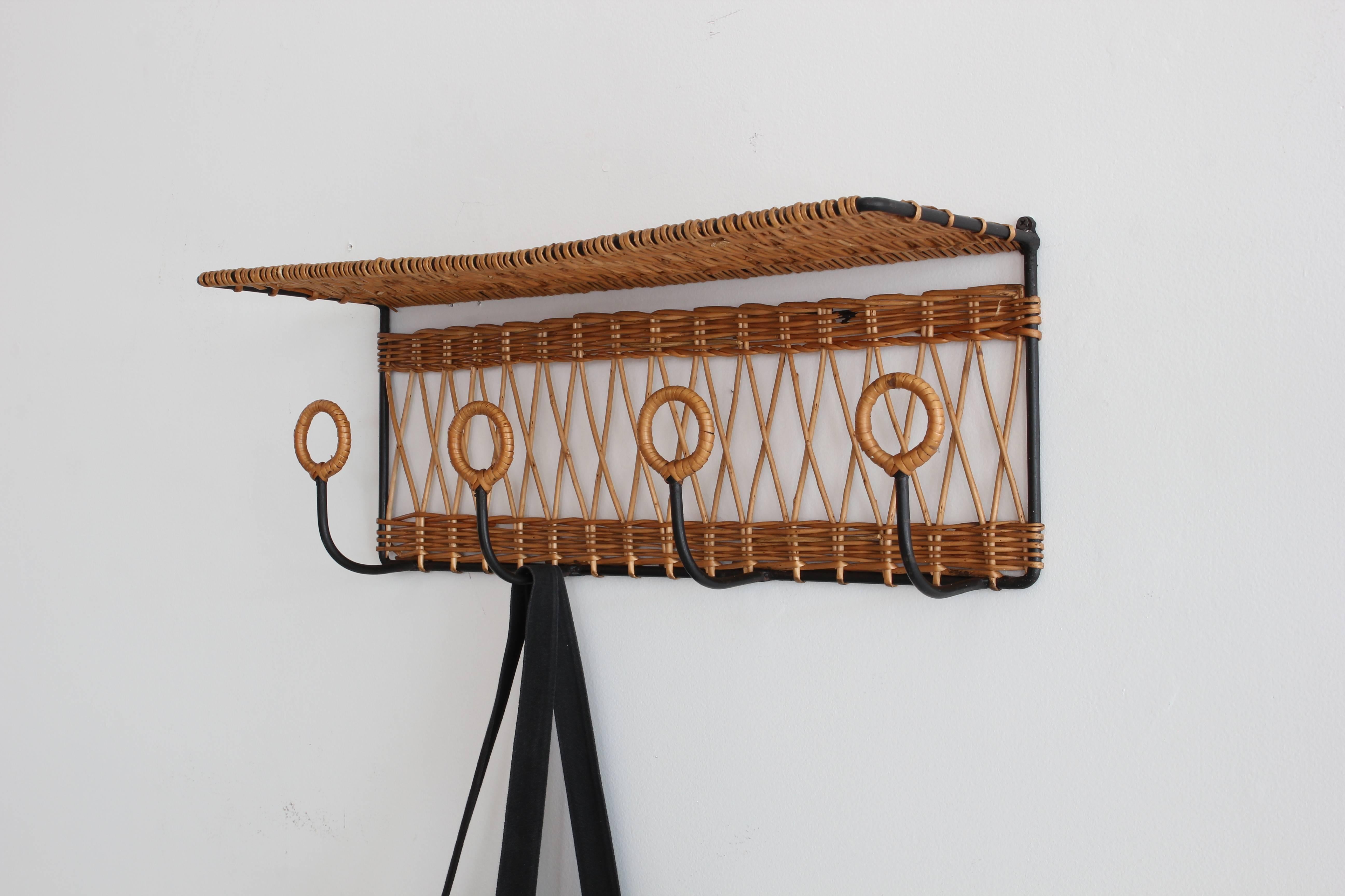 French Iron and Wicker Train Shelf Attributed to Jacques Adnet 1