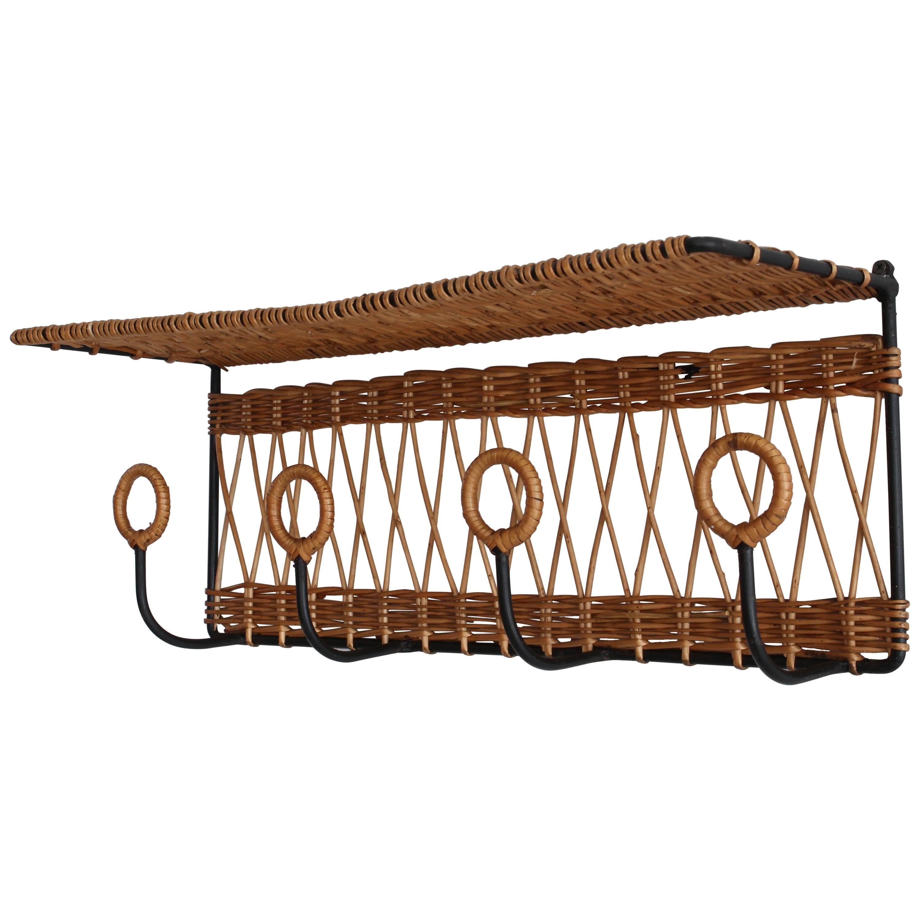 French Iron and Wicker Train Shelf Attributed to Jacques Adnet