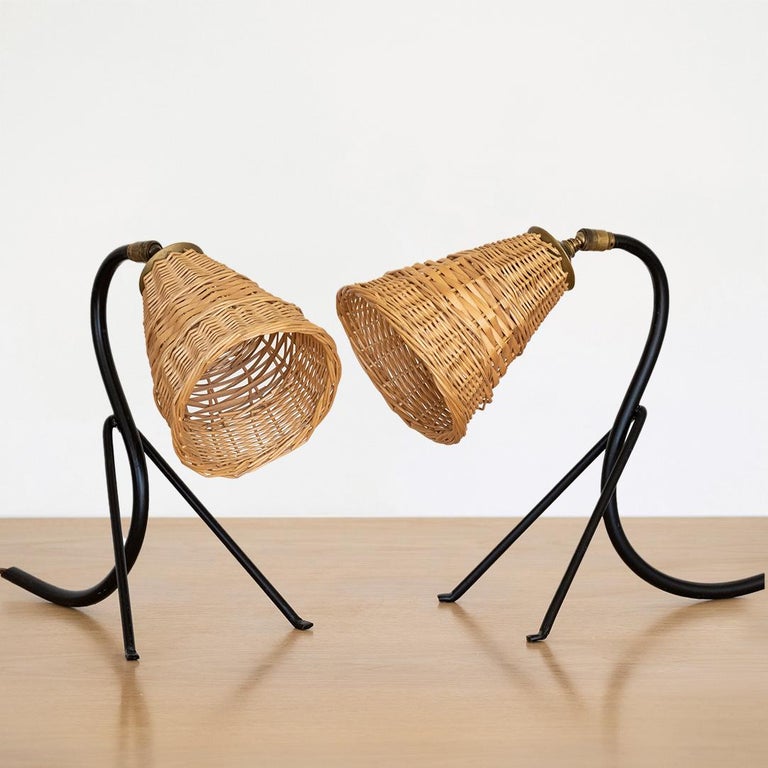 French Iron and Wicker Tripod Lamp at 1stDibs