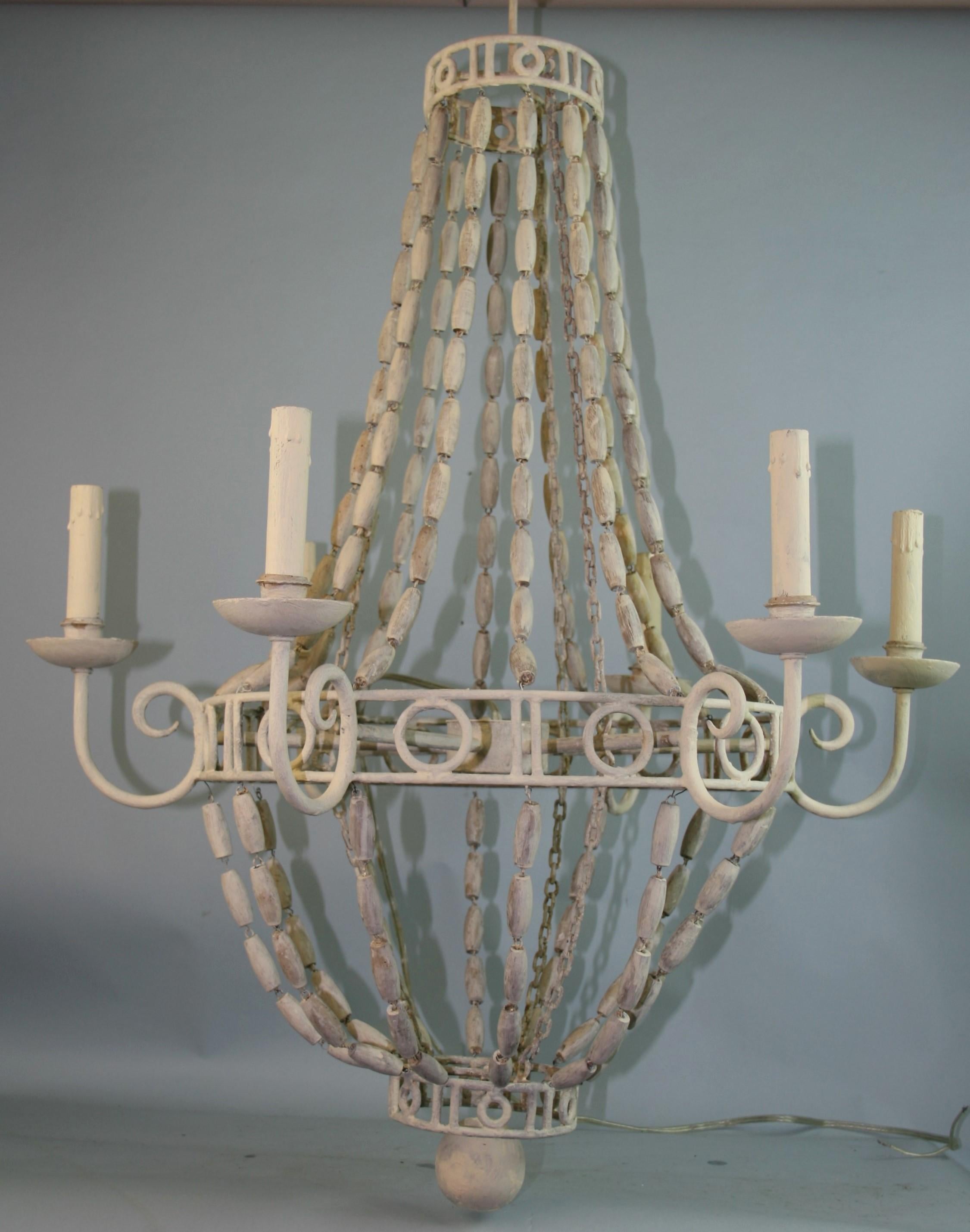 French Iron and Wood Bead Six Light Chandelier Circa 1940's For Sale 8