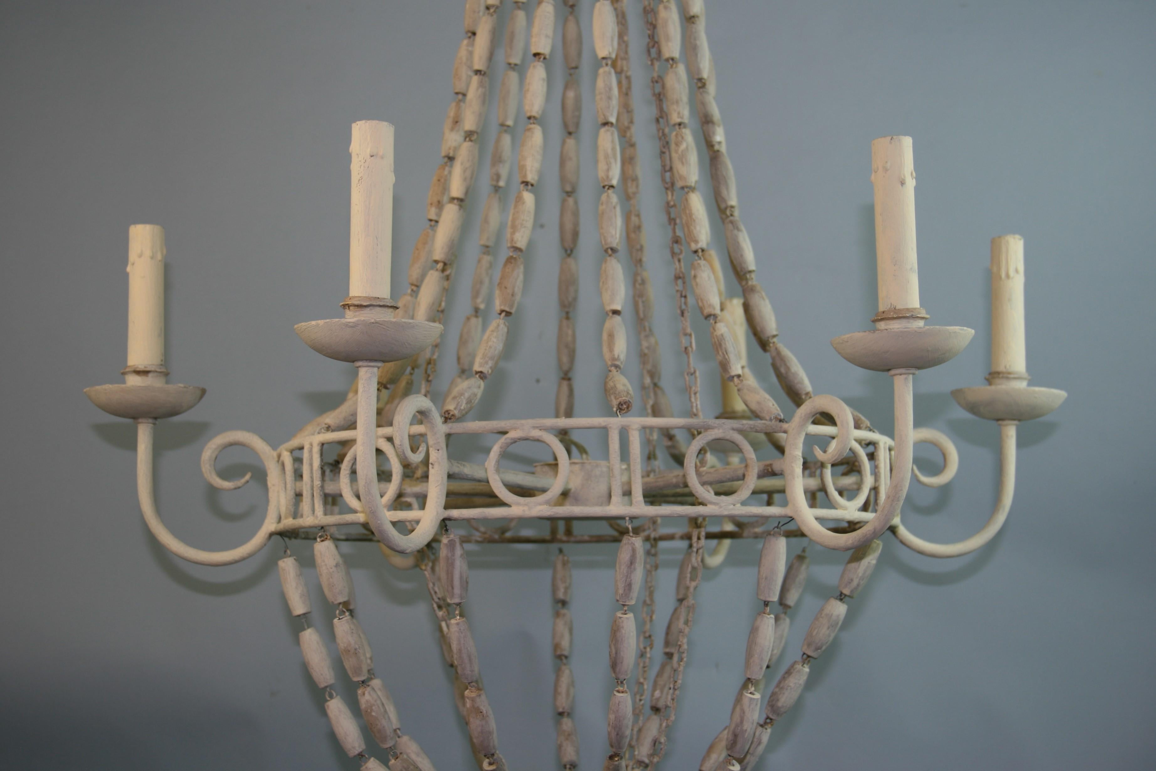 French Iron and Wood Bead Six Light Chandelier Circa 1940's For Sale 9