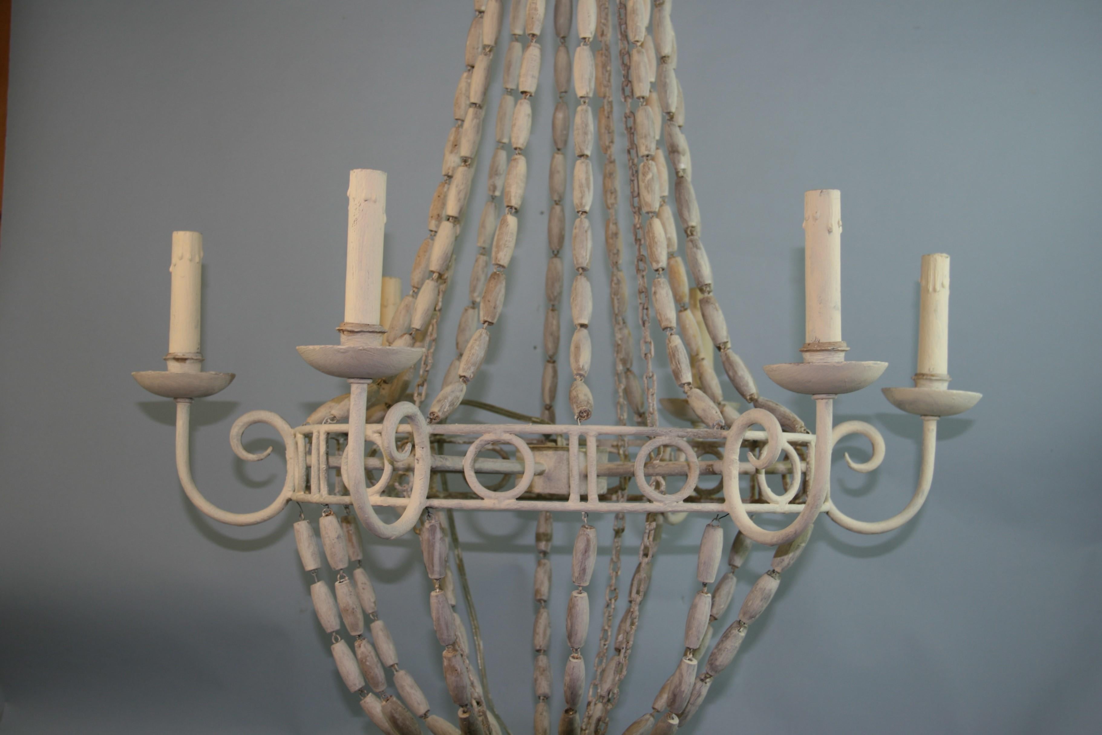 French Iron and Wood Bead Six Light Chandelier Circa 1940's For Sale 11