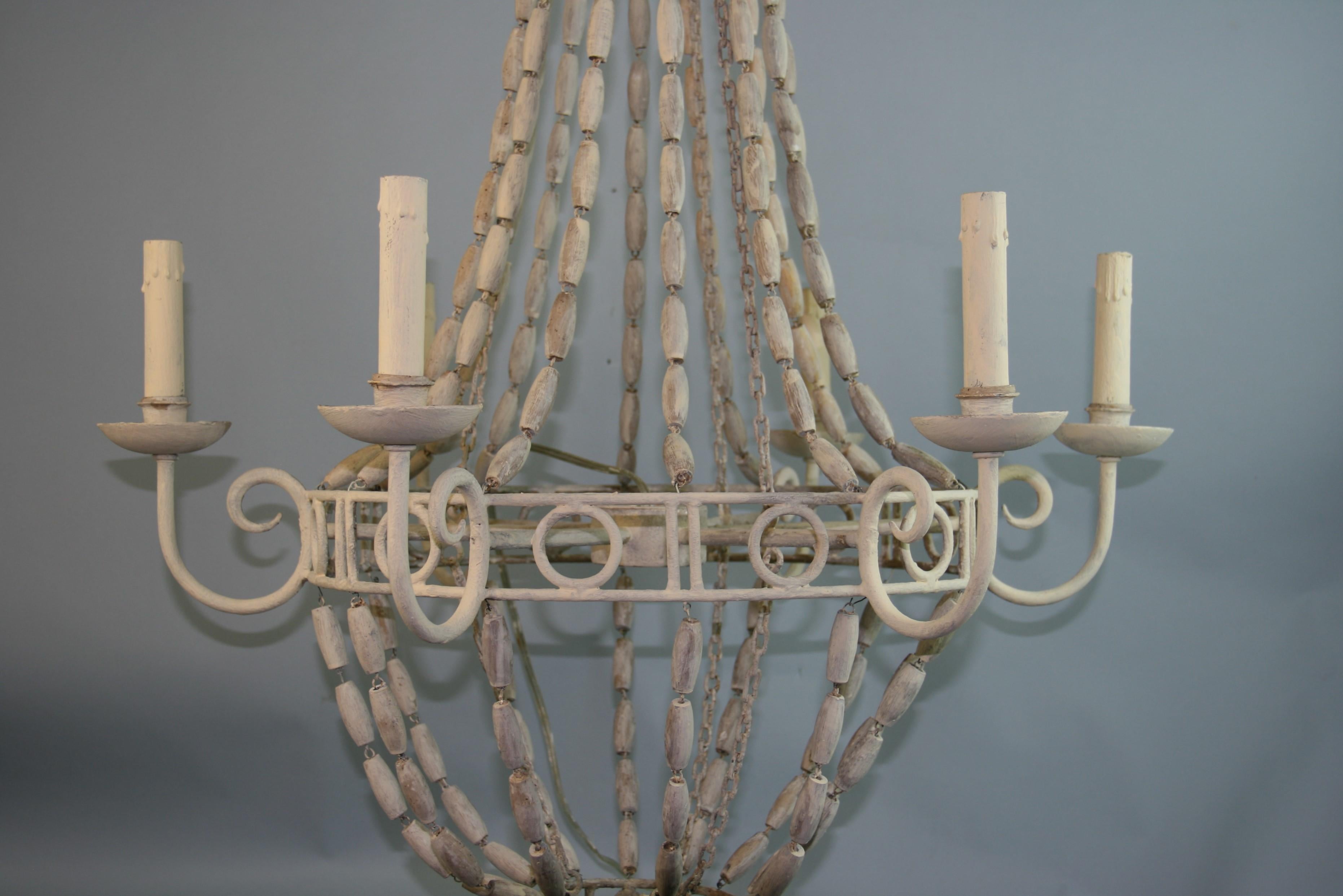 French Iron and Wood Bead Six Light Chandelier Circa 1940's In Good Condition For Sale In Douglas Manor, NY