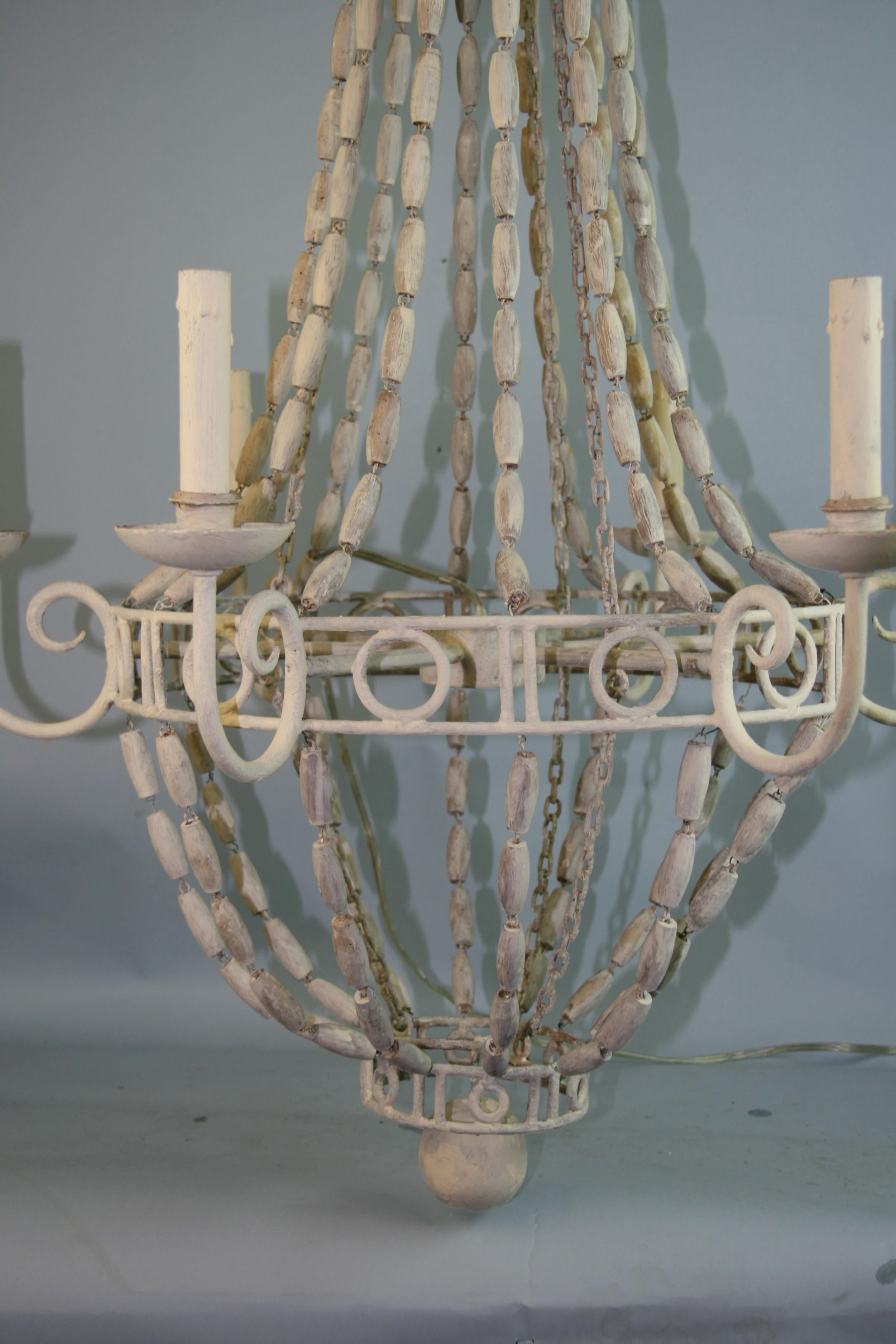 French Iron and Wood Bead Six Light Chandelier Circa 1940's For Sale 2