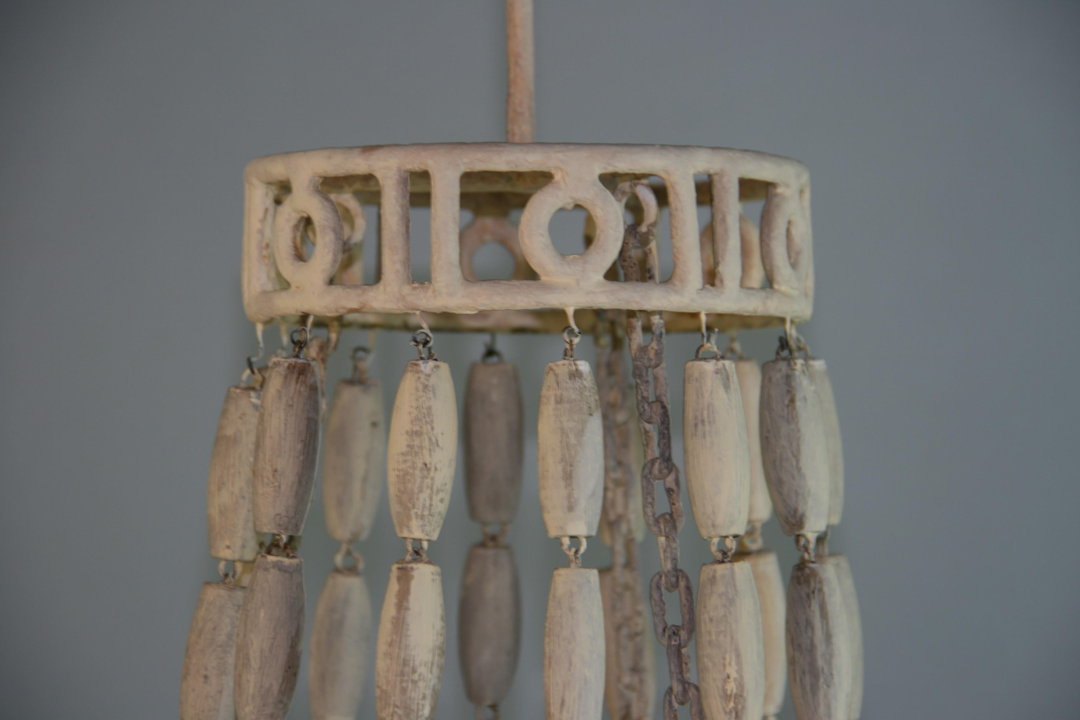 French Iron and Wood Bead Six Light Chandelier Circa 1940's For Sale 3