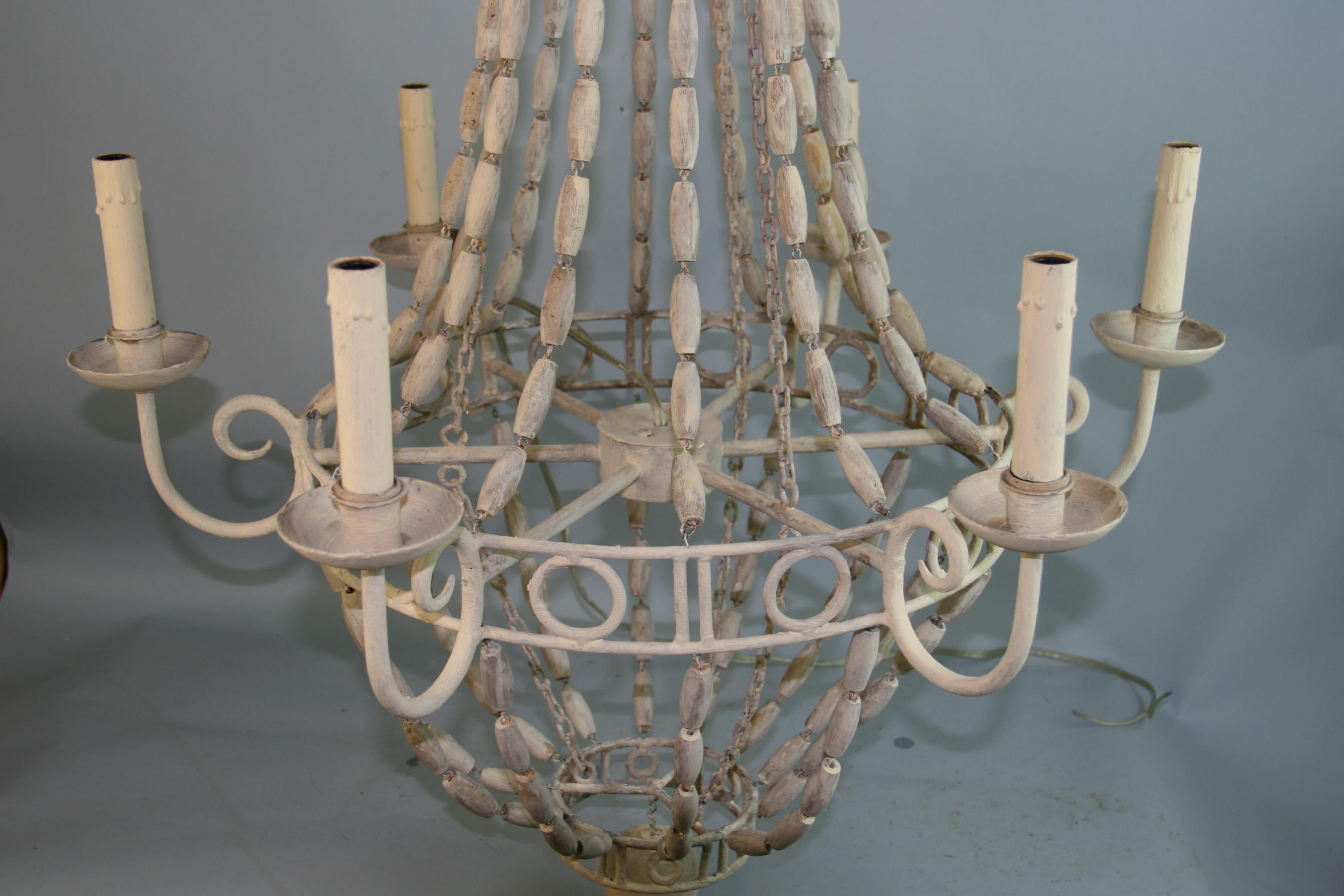 French Iron and Wood Bead Six Light Chandelier Circa 1940's For Sale 4