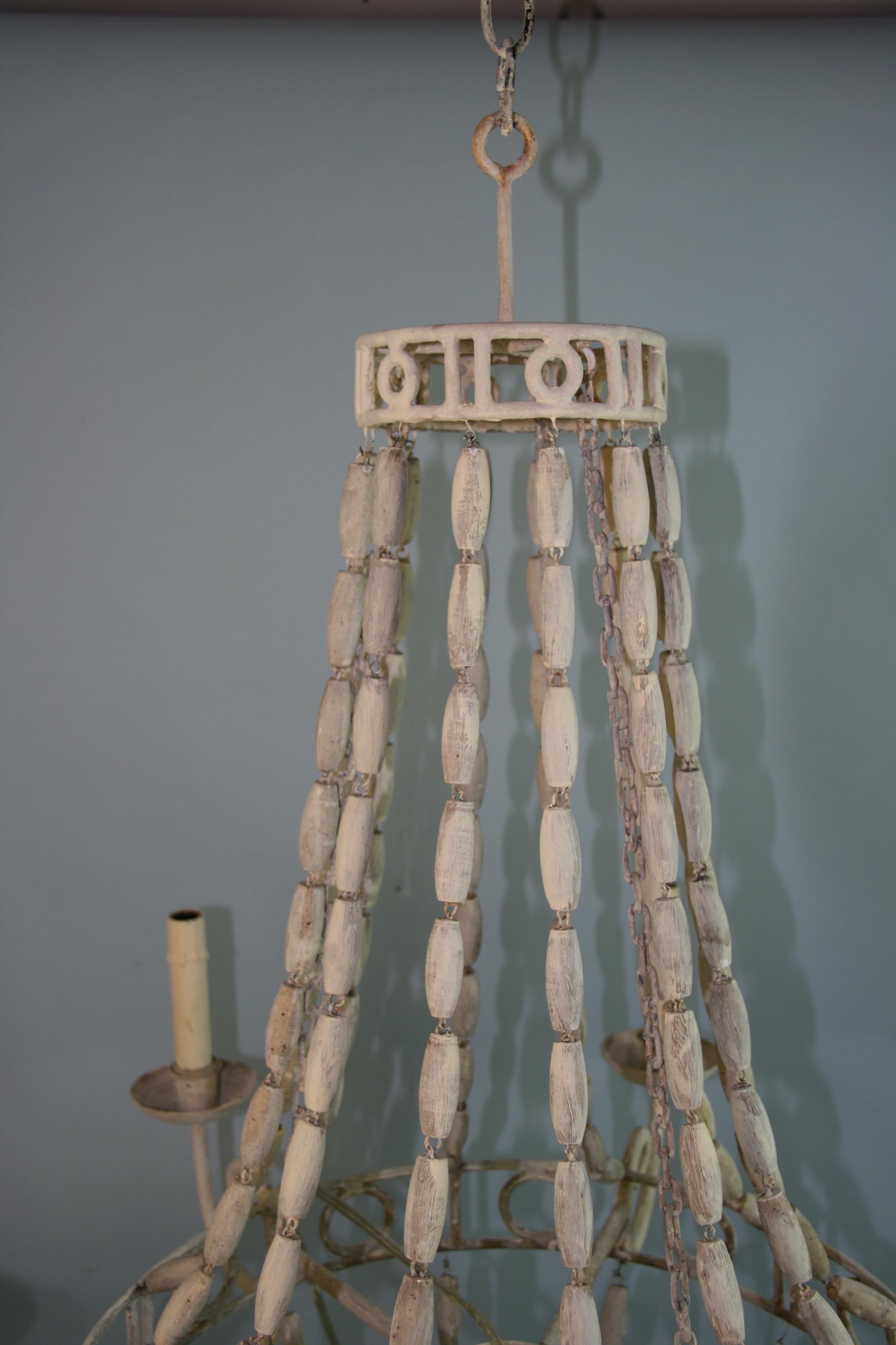 French Iron and Wood Bead Six Light Chandelier Circa 1940's For Sale 5