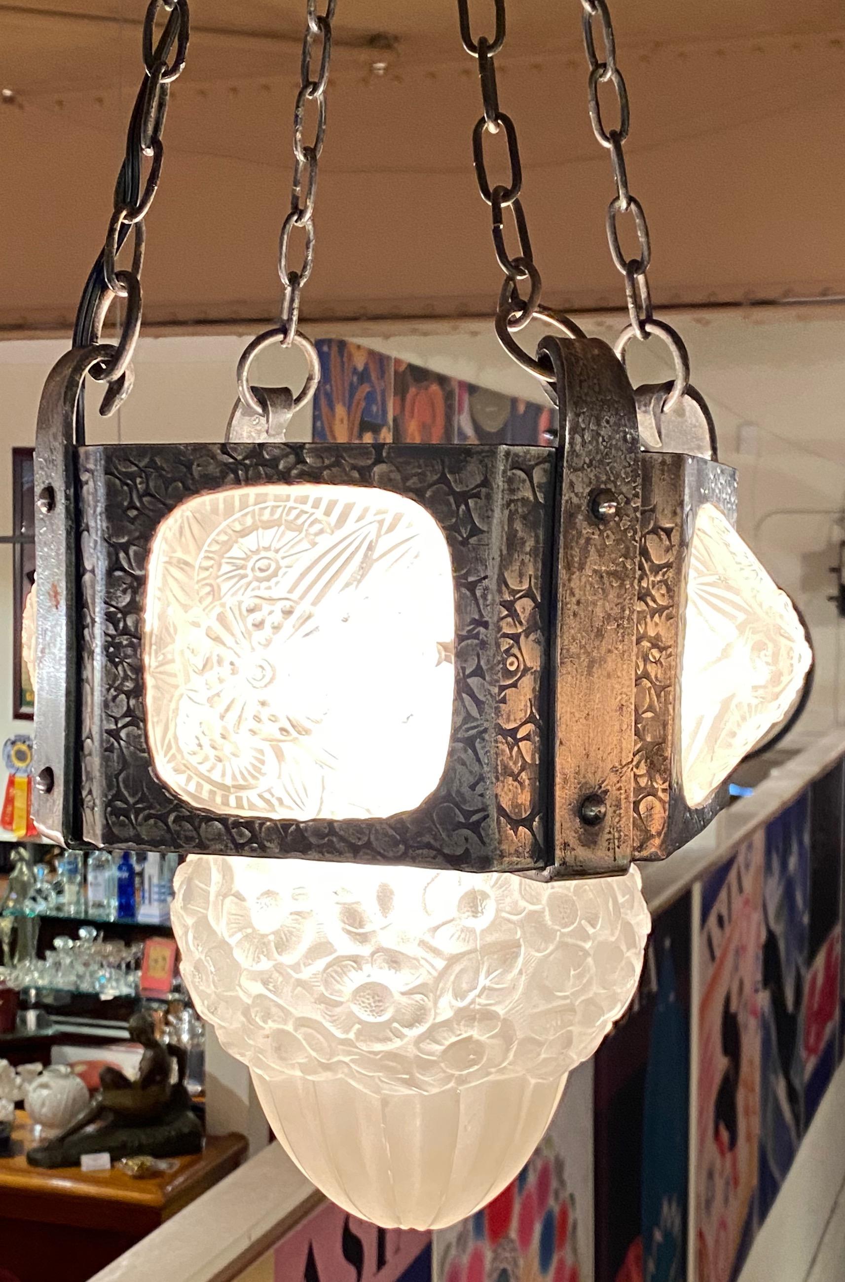 French Iron Art Deco Hanging Light with Muller Style Multiple Glass In Good Condition In Oakland, CA