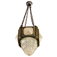 French Iron Art Deco Hanging Light with Muller Style Multiple Glass