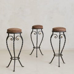 French Iron Bar Stool with Vinyl Seat, 1940s - 3 Available