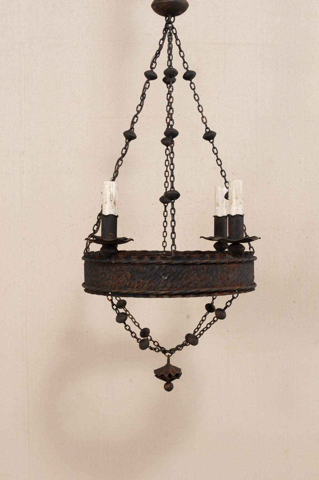French Iron Basket-Style Four-Light Chandelier from the Mid-20th Century In Good Condition In Atlanta, GA