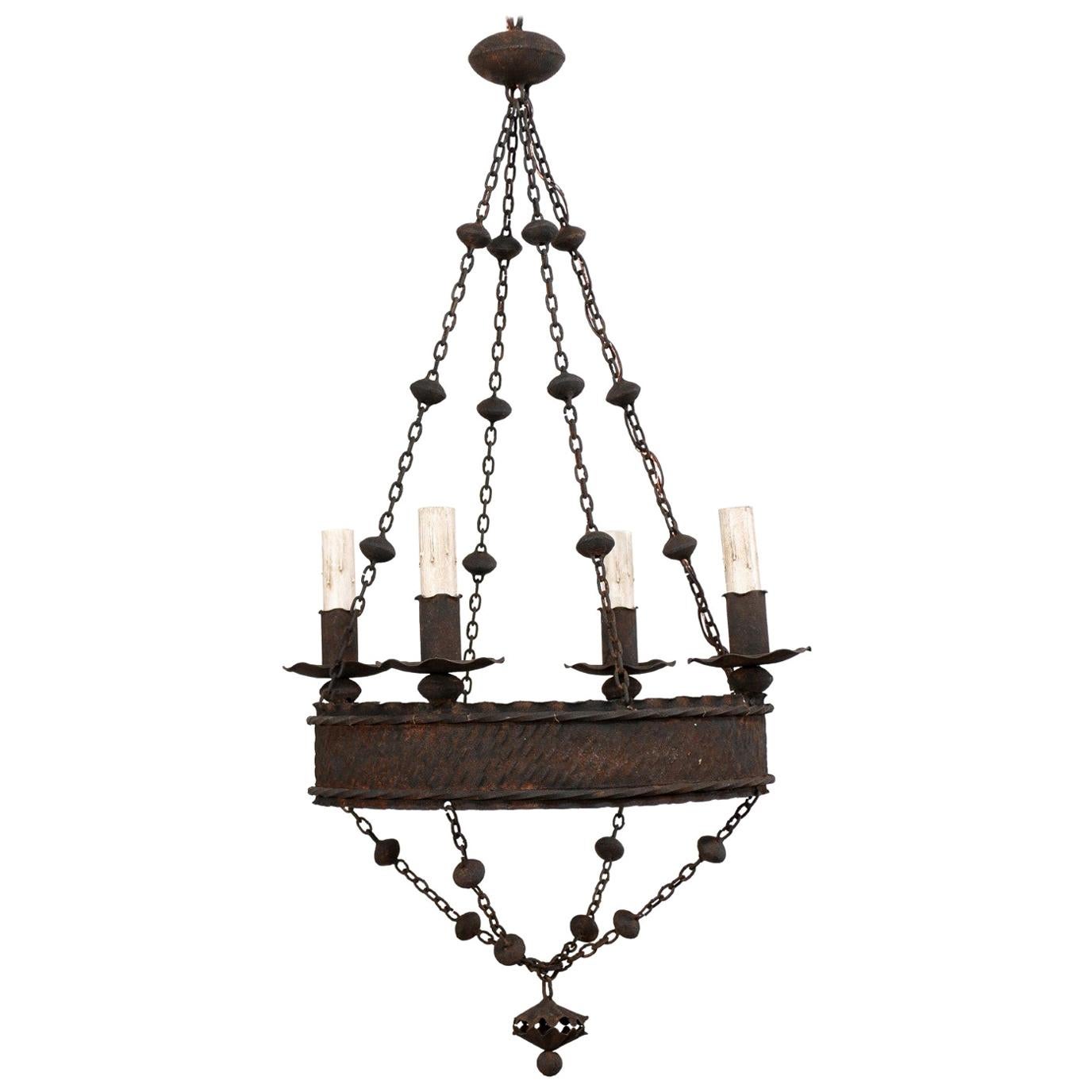 French Iron Basket-Style Four-Light Chandelier from the Mid-20th Century