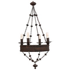 Vintage French Iron Basket-Style Four-Light Chandelier from the Mid-20th Century