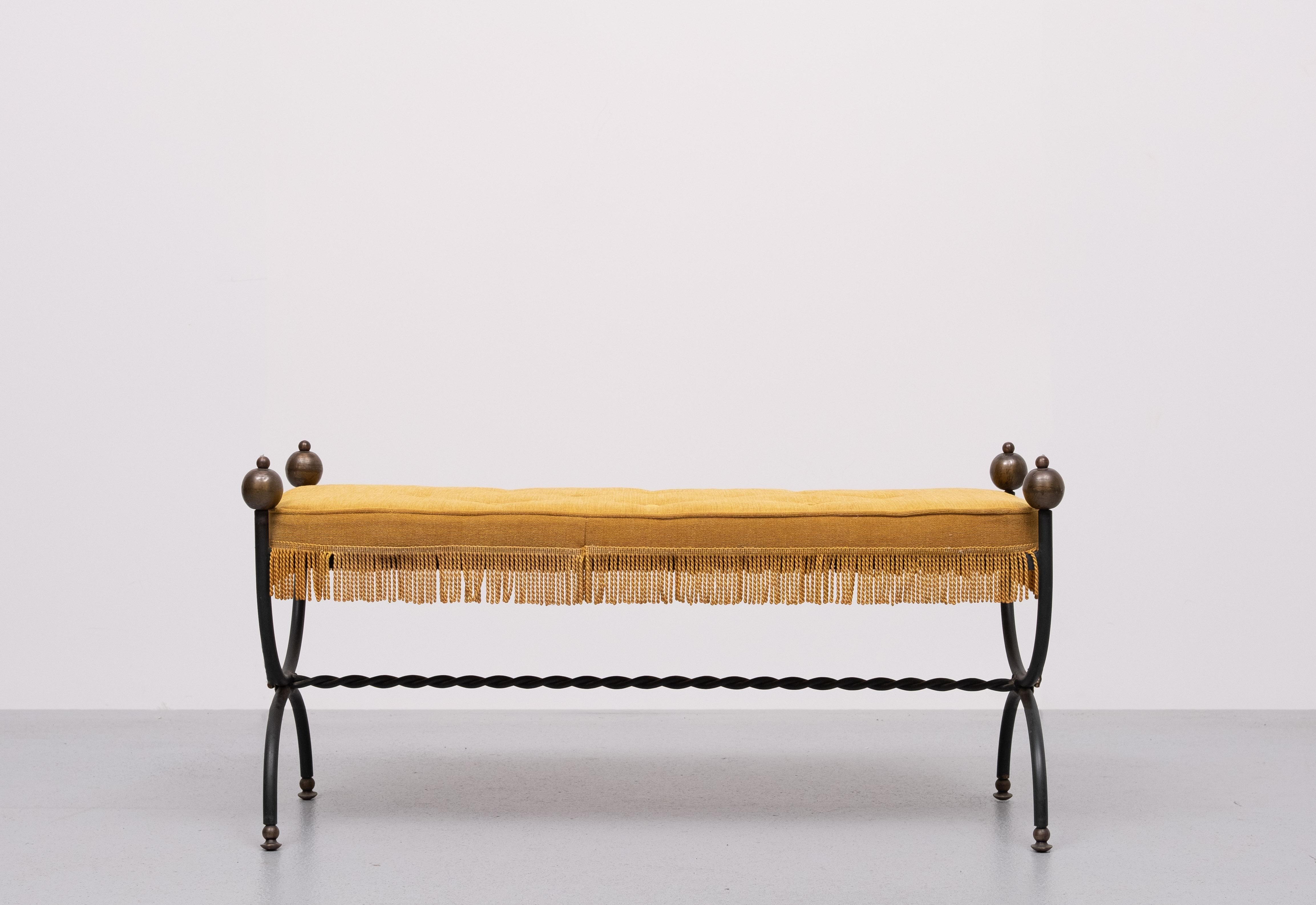 French Iron Bench with Tufted New Yellow Cushion 1940s 4