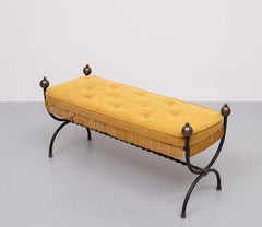 French Iron Bench with Tufted New Yellow Cushion 1940s