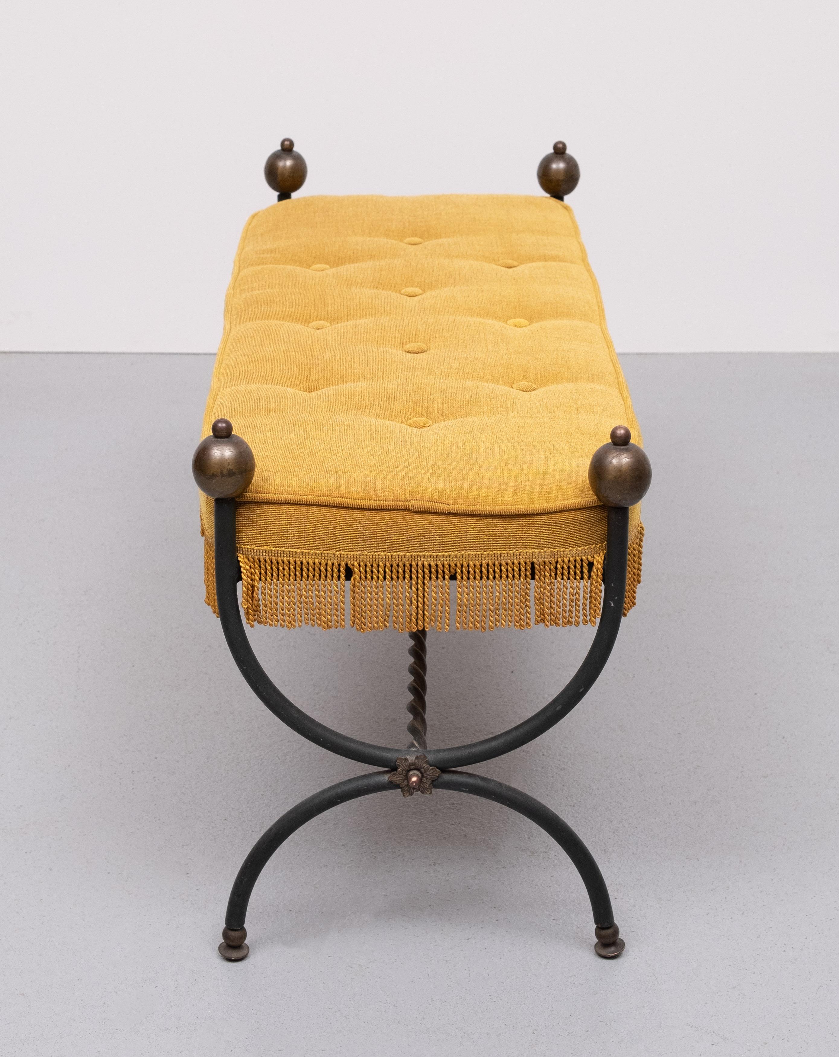 Neoclassical French Iron Bench with Tufted New Yellow Cushion 1940s
