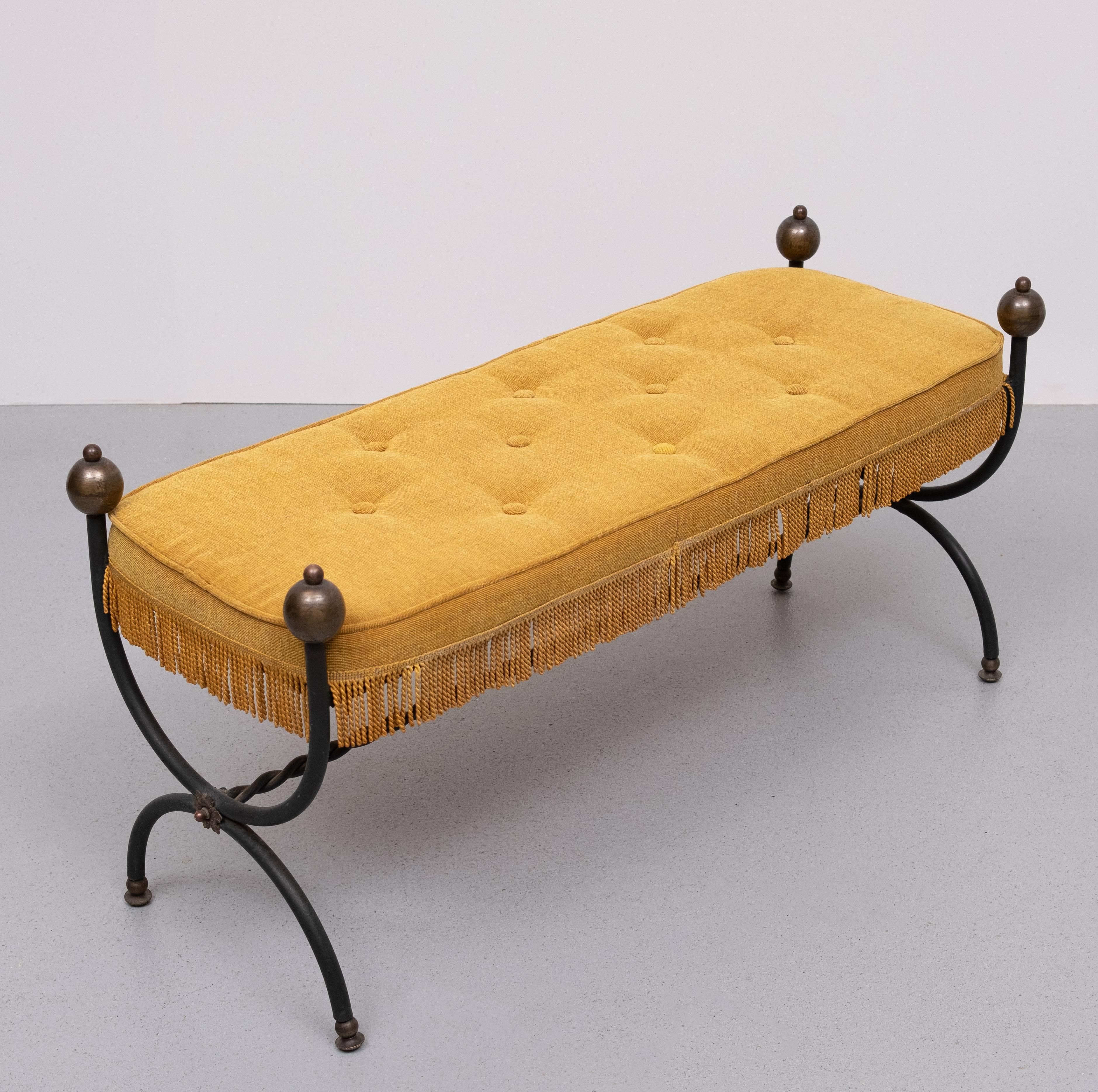 French Iron Bench with Tufted New Yellow Cushion 1940s In Good Condition In Den Haag, NL
