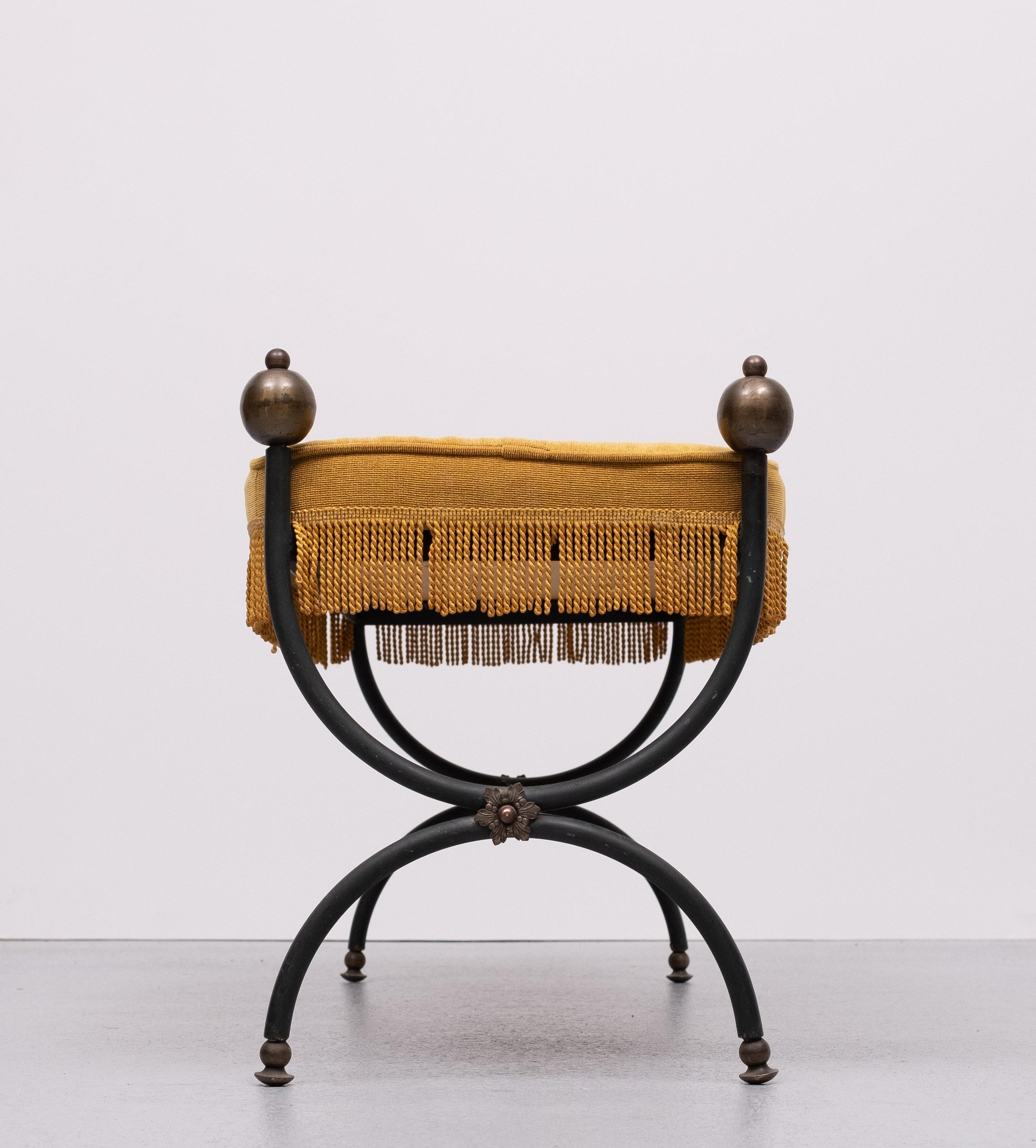 French Iron Bench with Tufted New Yellow Cushion 1940s 1