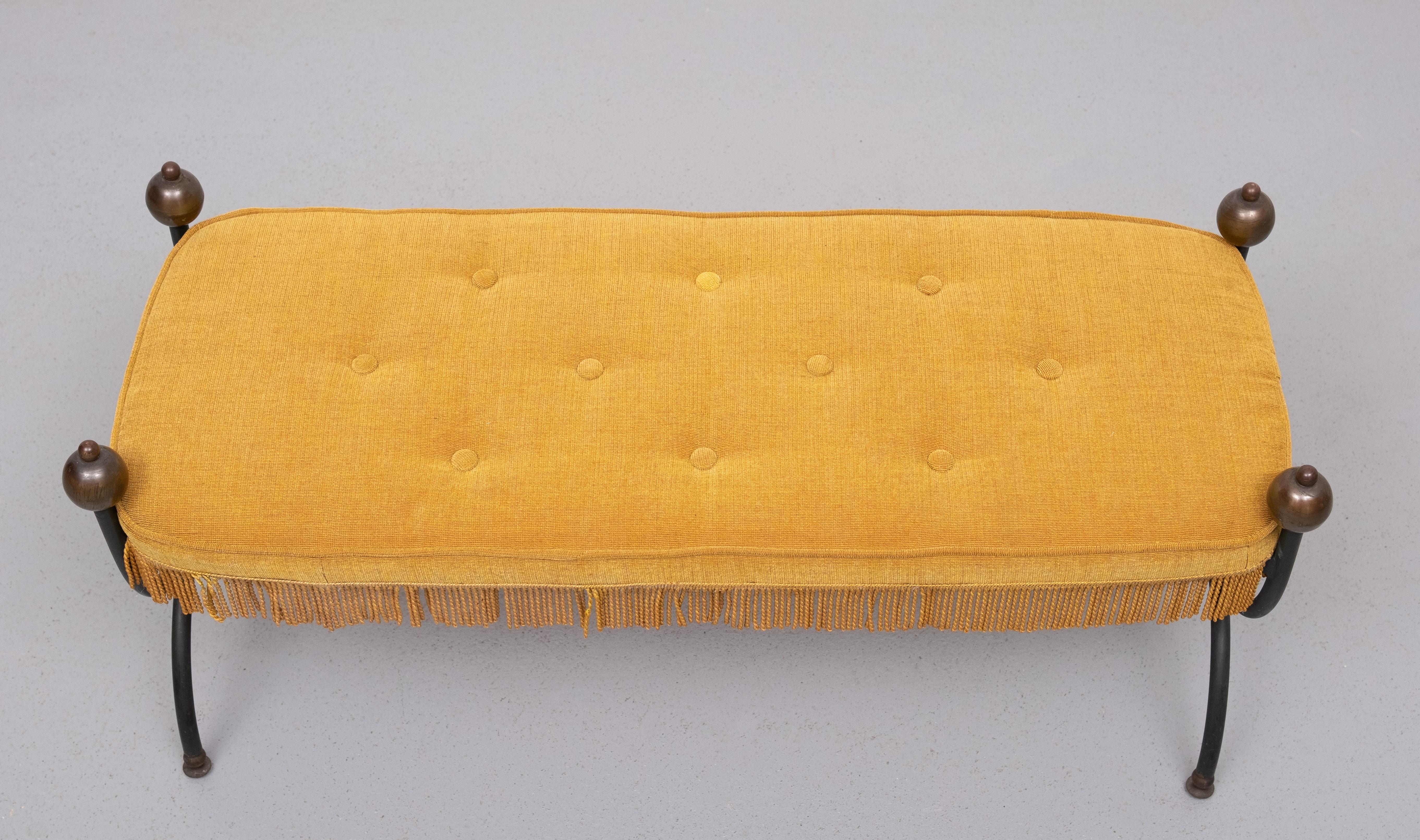 French Iron Bench with Tufted New Yellow Cushion 1940s 2