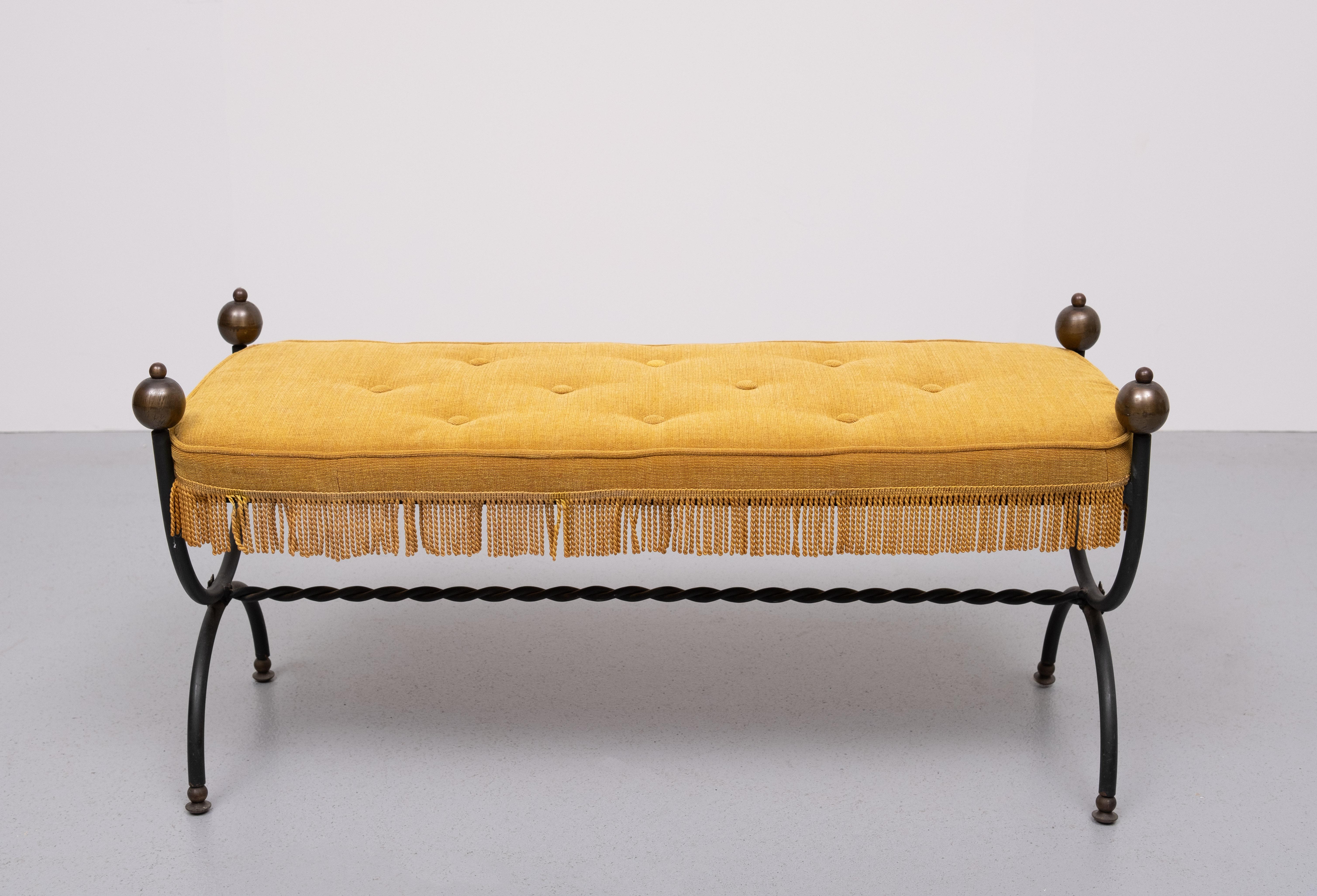 French Iron Bench with Tufted New Yellow Cushion 1940s 3