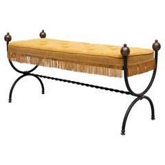 French Iron Bench with Tufted New Yellow Cushion 1940s