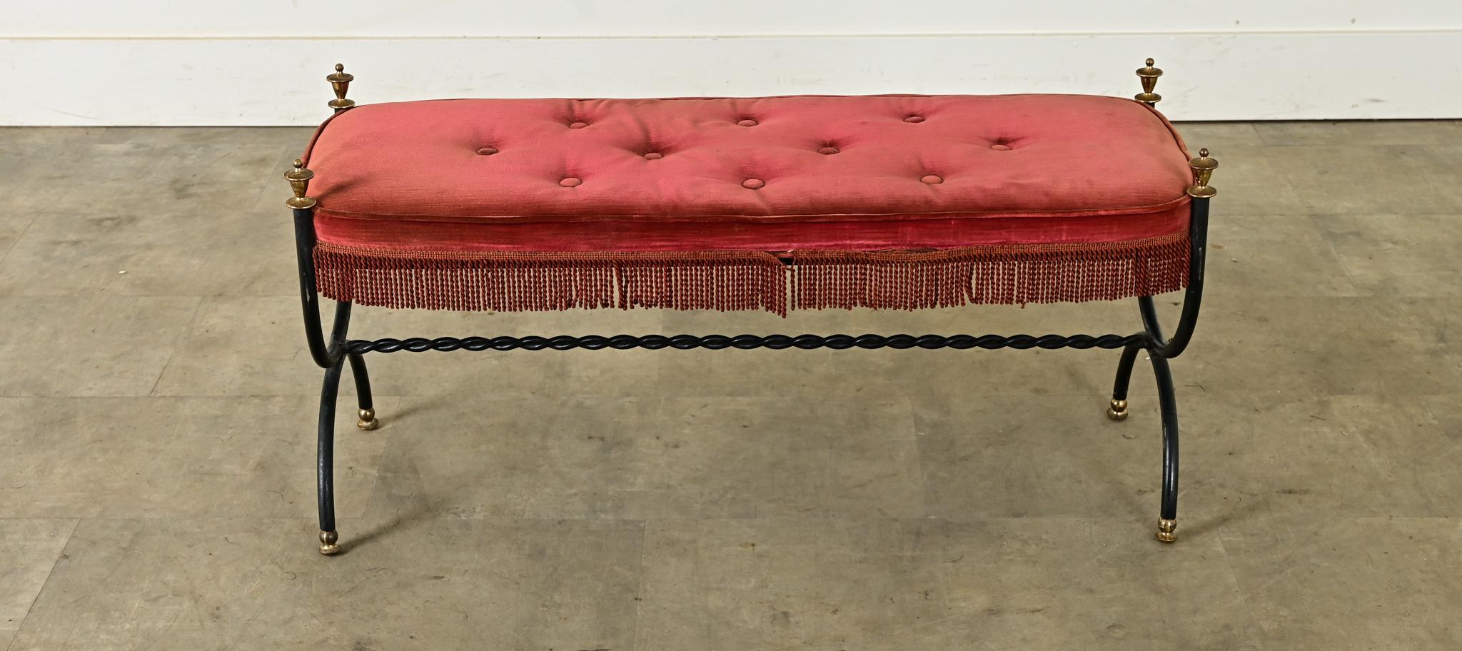 French Iron Bench with Tufted Velvet Cushion 4