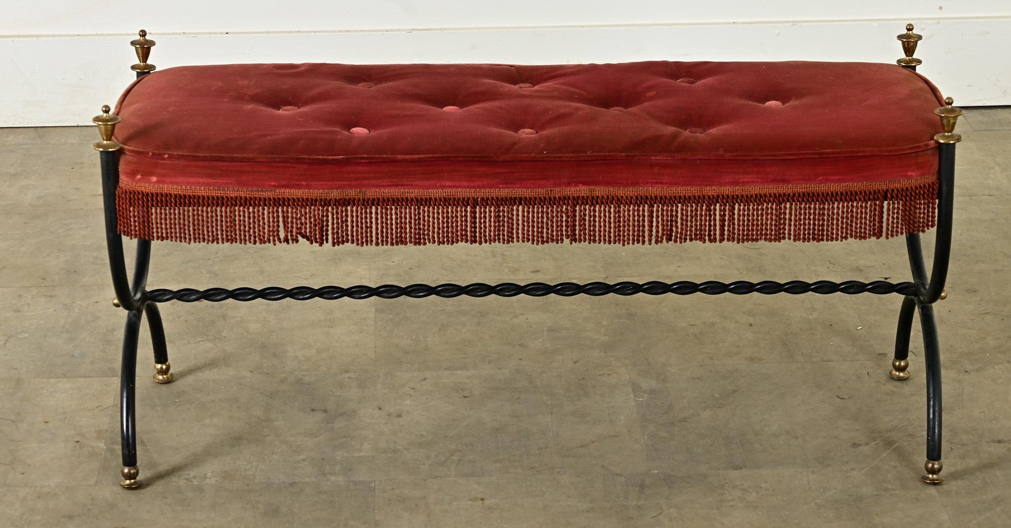 Neoclassical French Iron Bench with Tufted Velvet Cushion