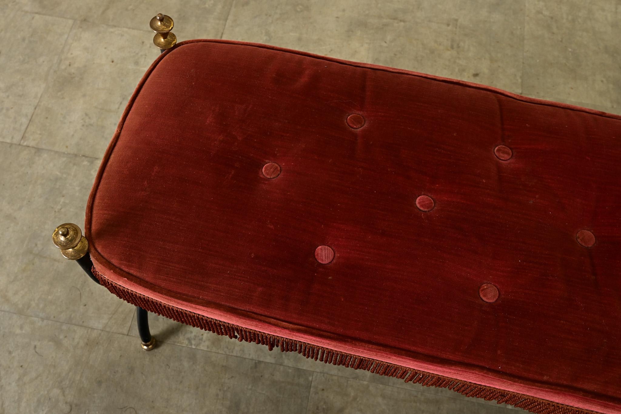 20th Century French Iron Bench with Tufted Velvet Cushion