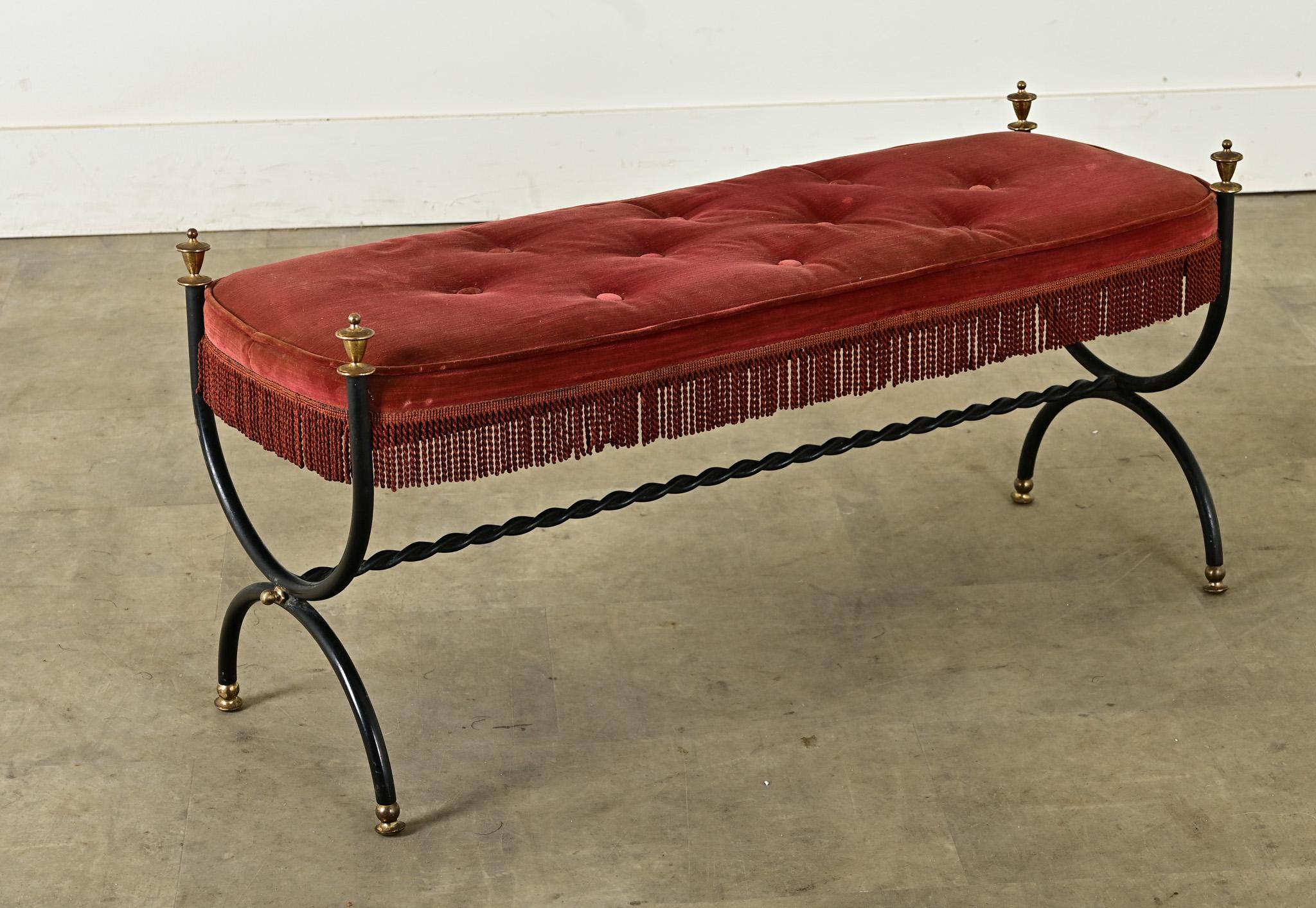 Brass French Iron Bench with Tufted Velvet Cushion