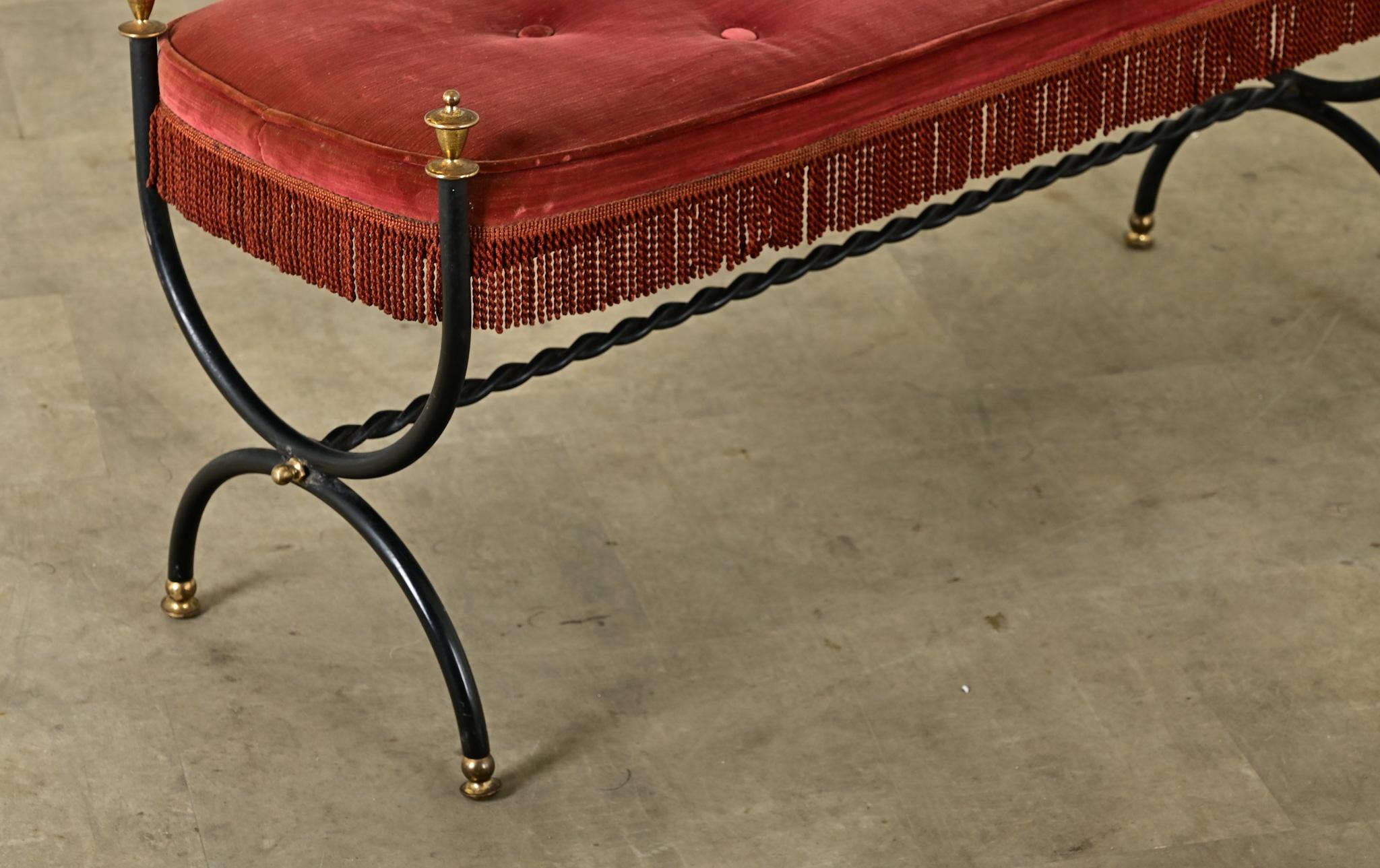 French Iron Bench with Tufted Velvet Cushion 1