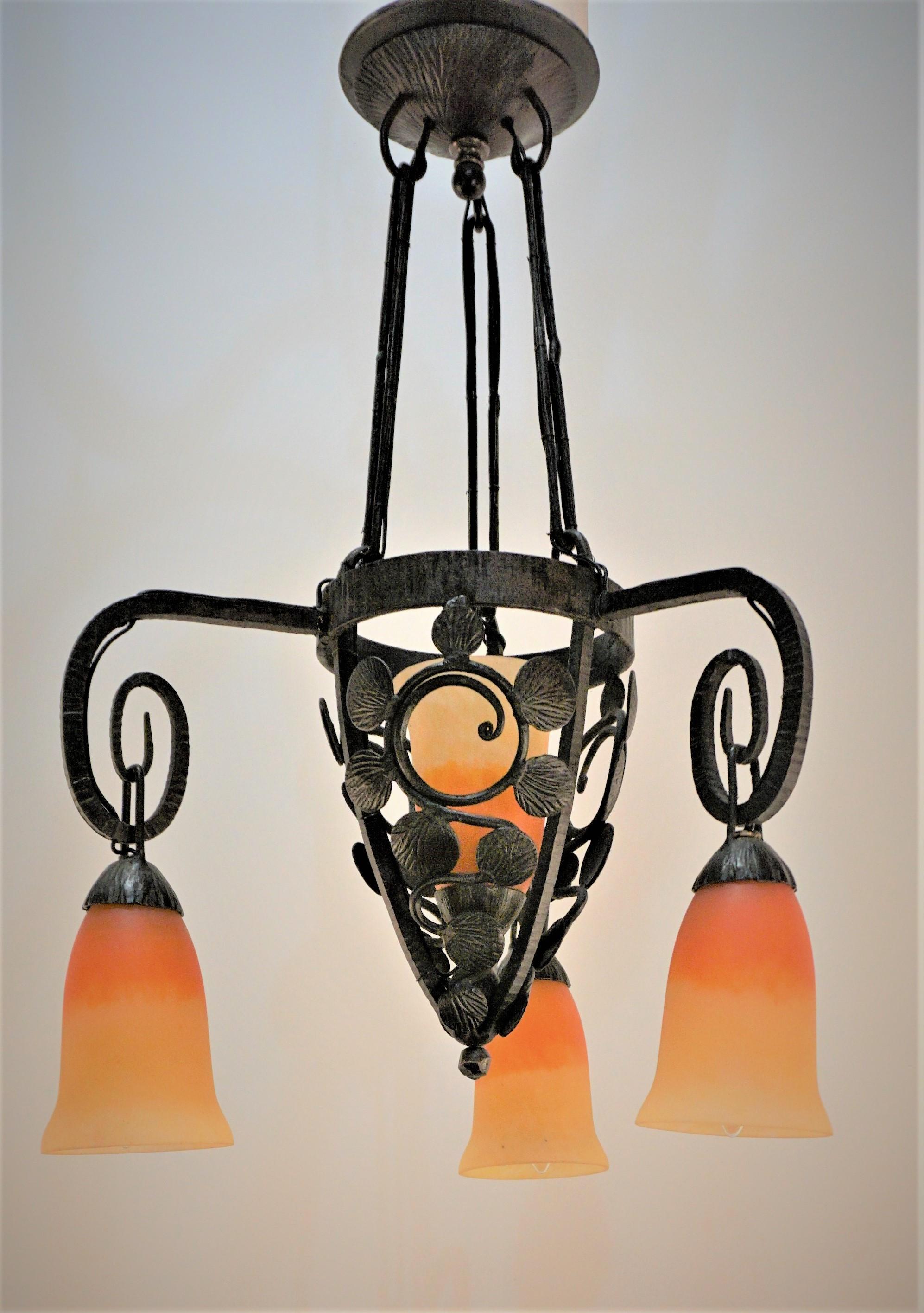 French Iron Blown Glass Art Deco Chandelier by Charles Schneider  For Sale 3