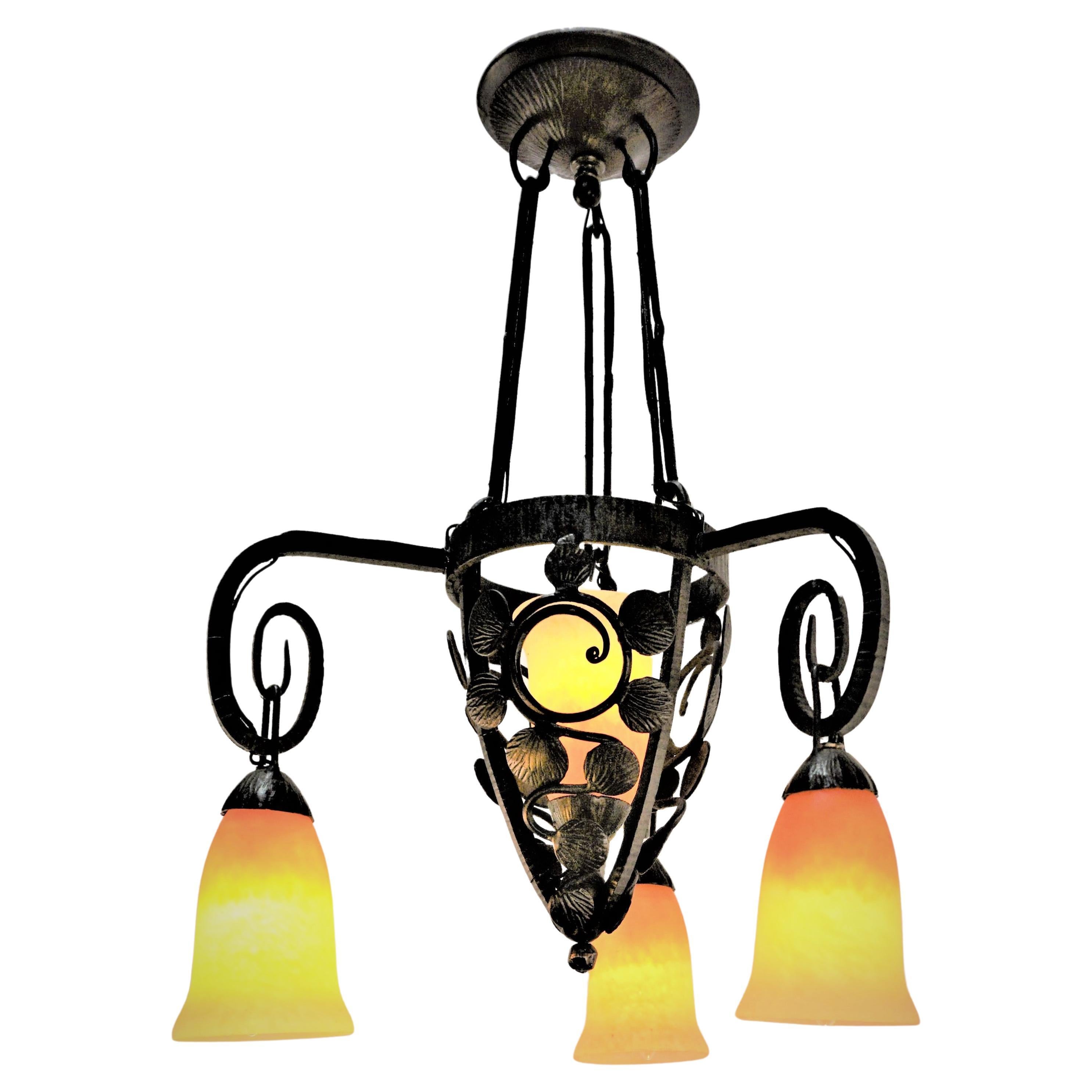 French Iron Blown Glass Art Deco Chandelier by Charles Schneider  For Sale
