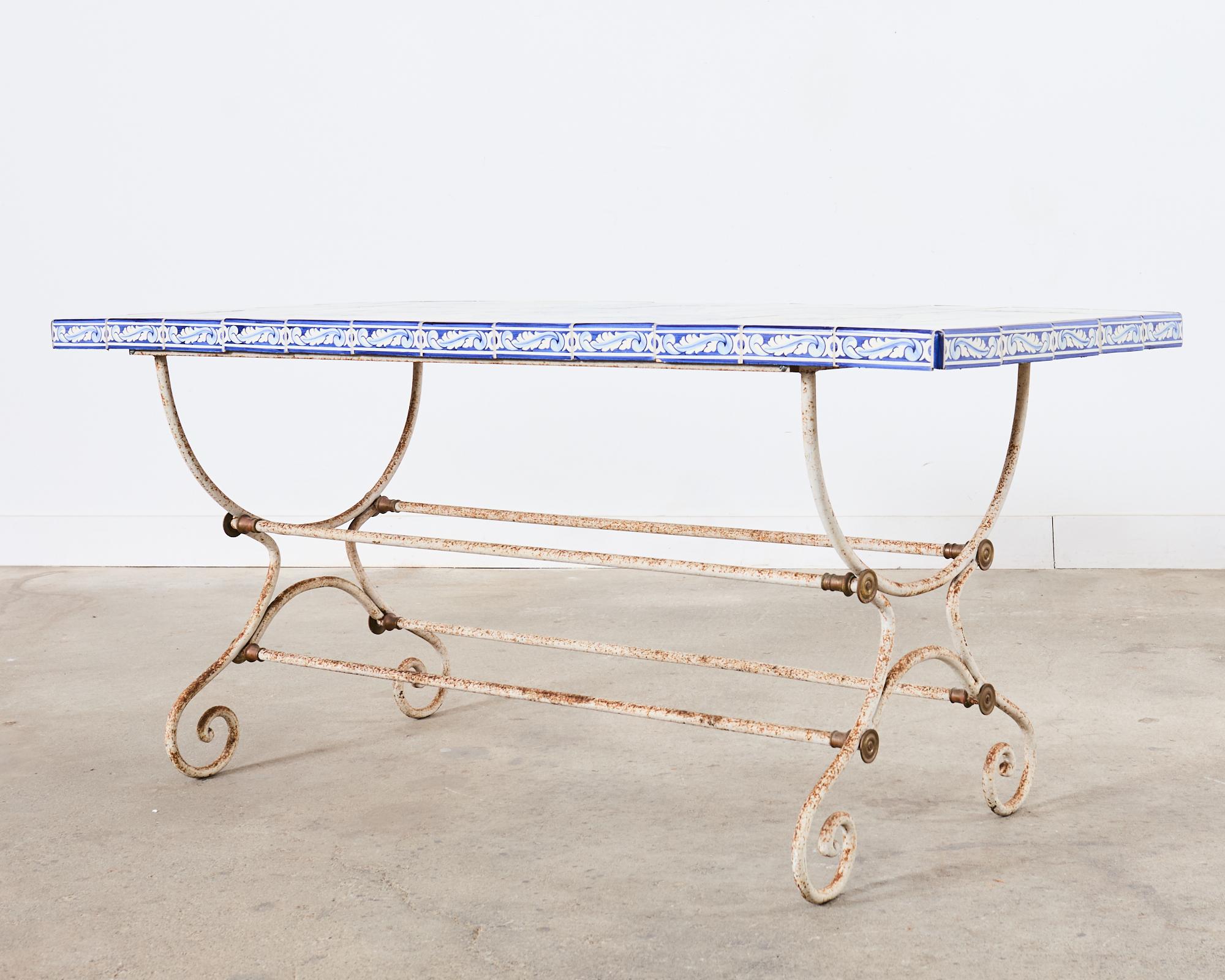 French Iron Bronze Garden Table with Blue White Tile Top 9
