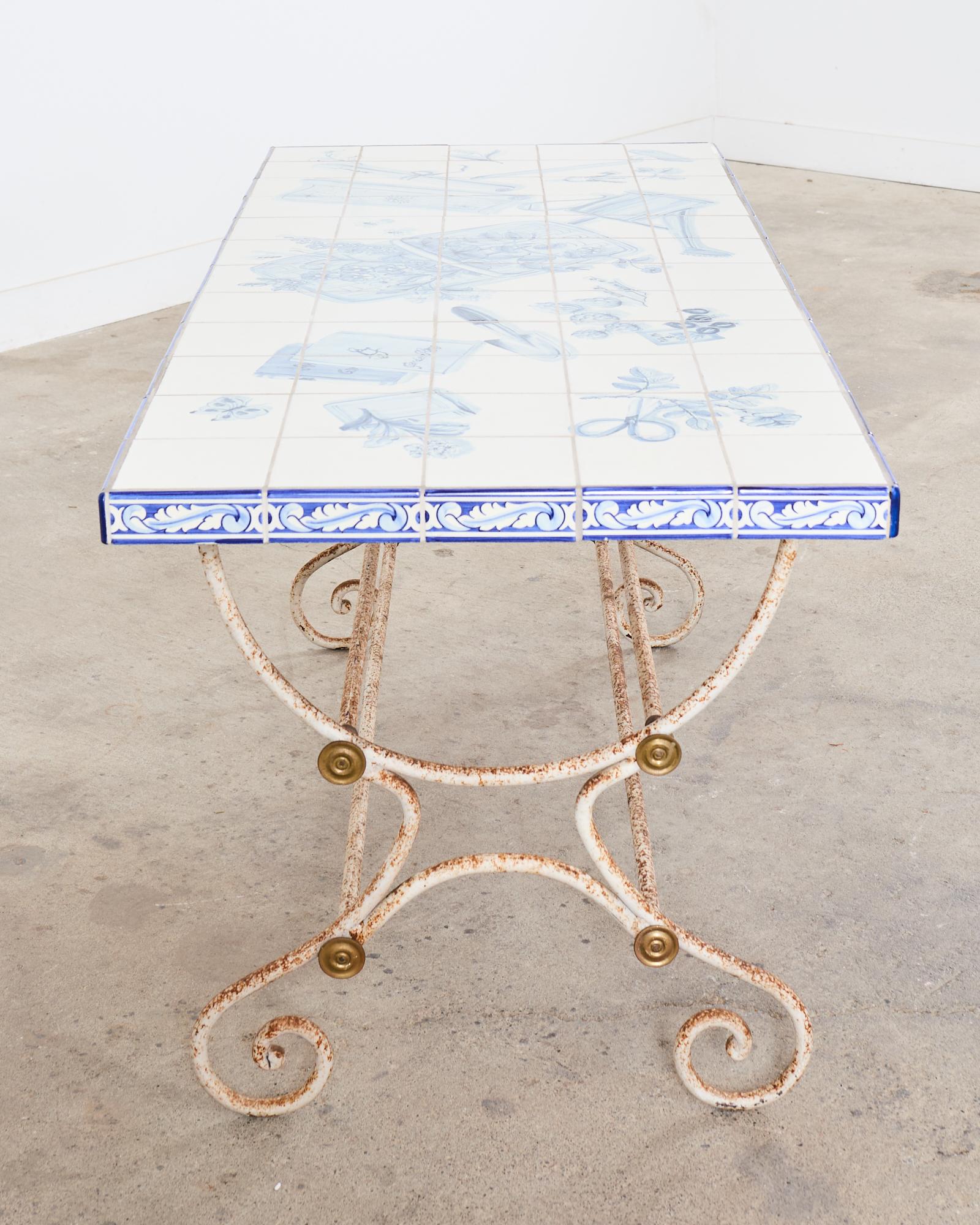 French Iron Bronze Garden Table with Blue White Tile Top 10