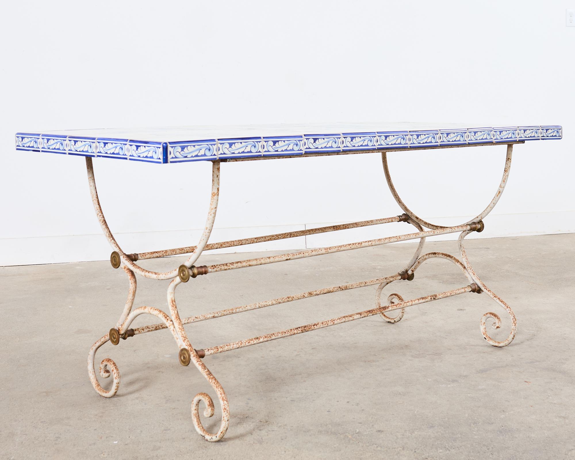 French Iron Bronze Garden Table with Blue White Tile Top 13