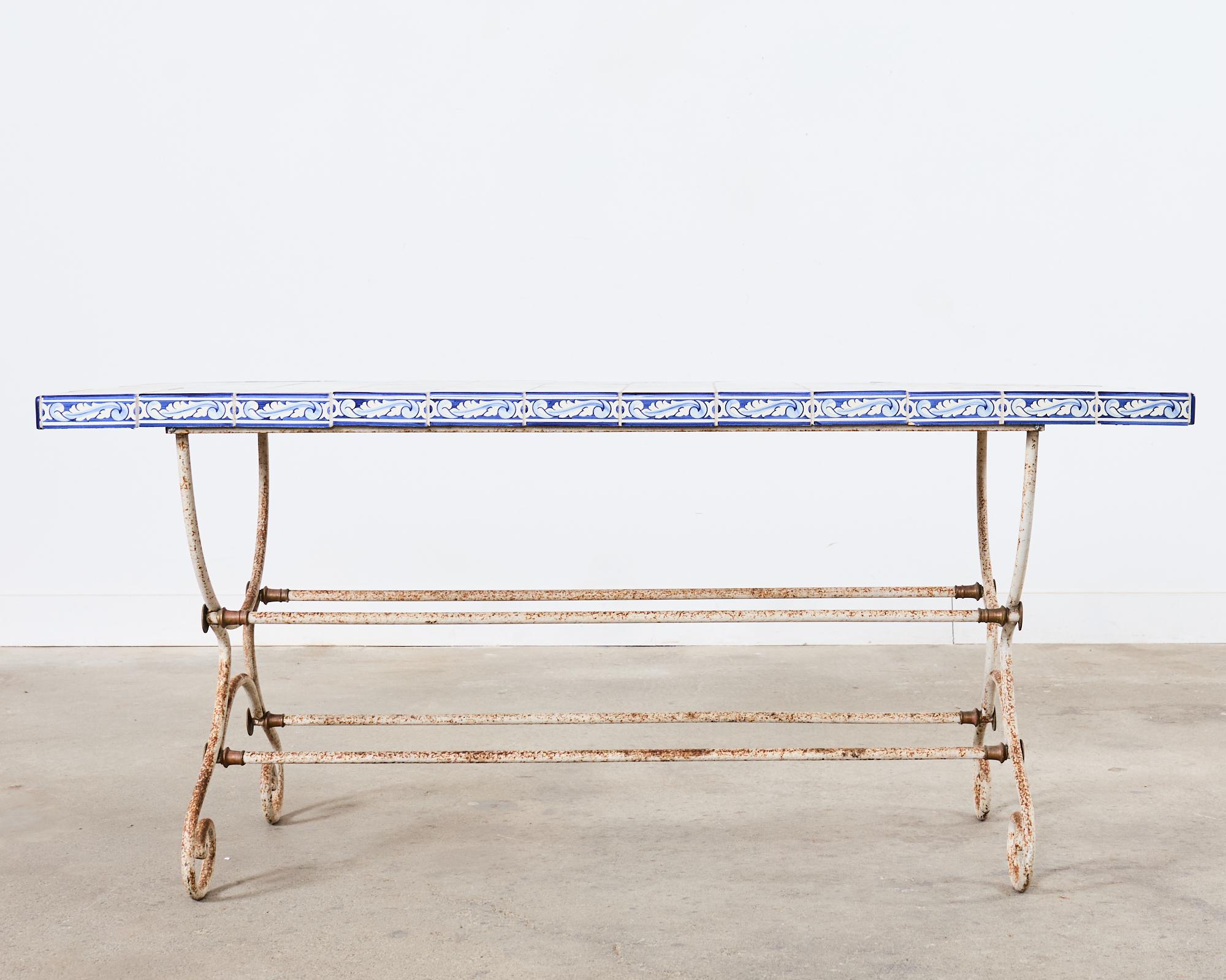 Neoclassical French Iron Bronze Garden Table with Blue White Tile Top
