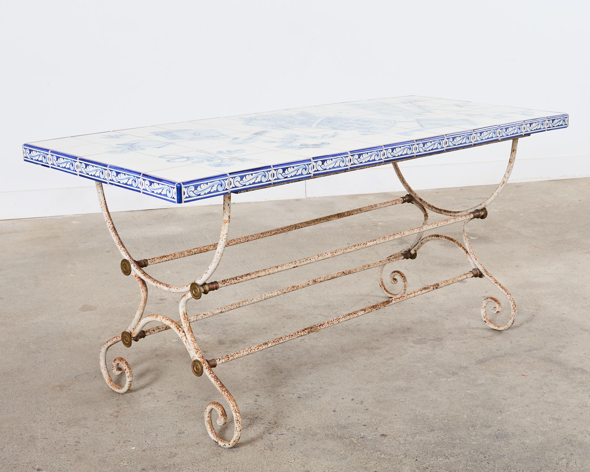 Painted French Iron Bronze Garden Table with Blue White Tile Top