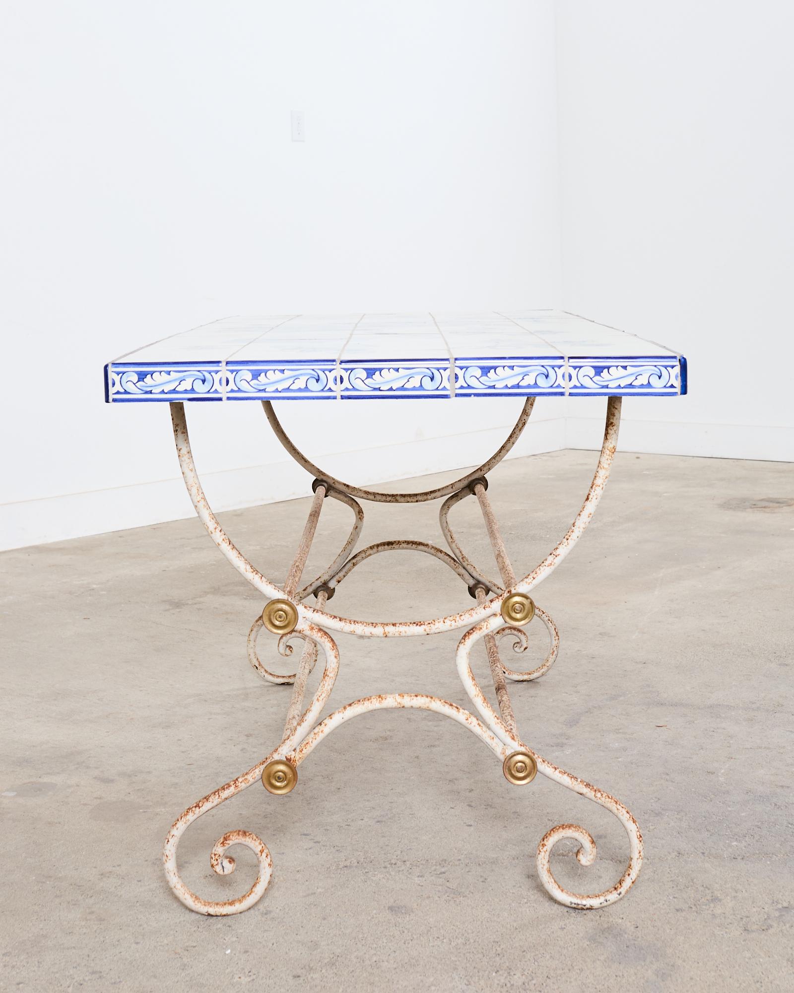 20th Century French Iron Bronze Garden Table with Blue White Tile Top