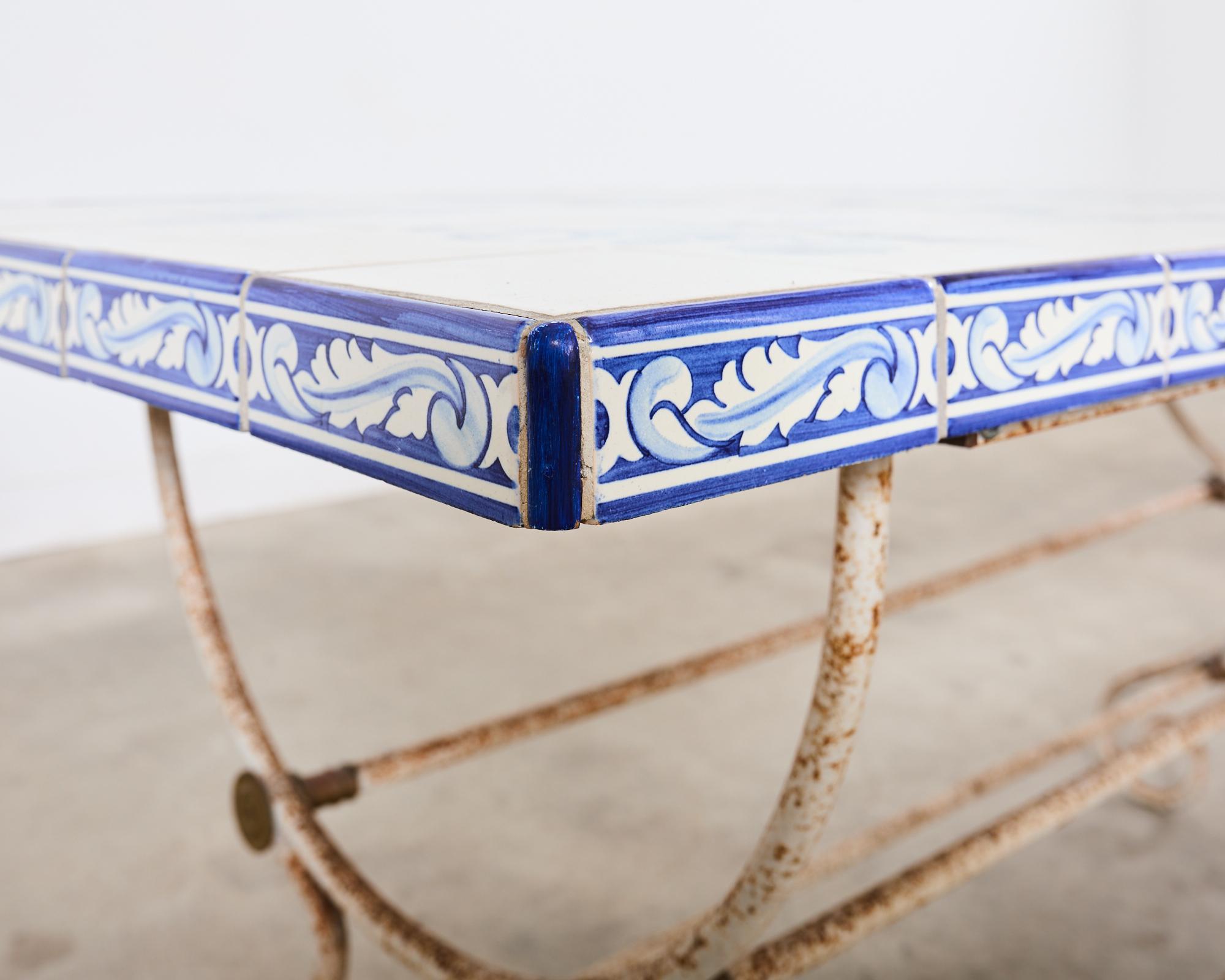 French Iron Bronze Garden Table with Blue White Tile Top 2